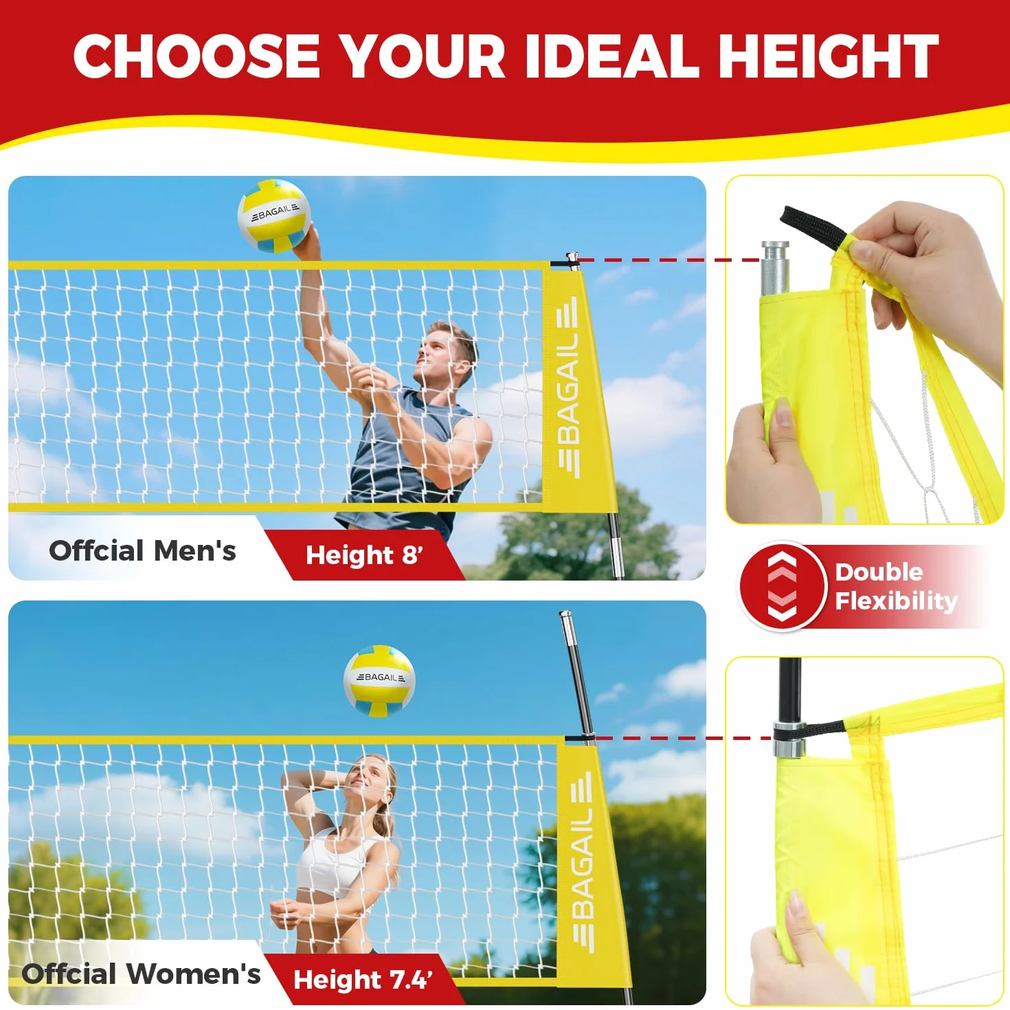 Filet de volley-ball portable 3,7 m/6,1 m réglable pour arrière-cour - Ensemble intérieur/extérieur avec sac de transport