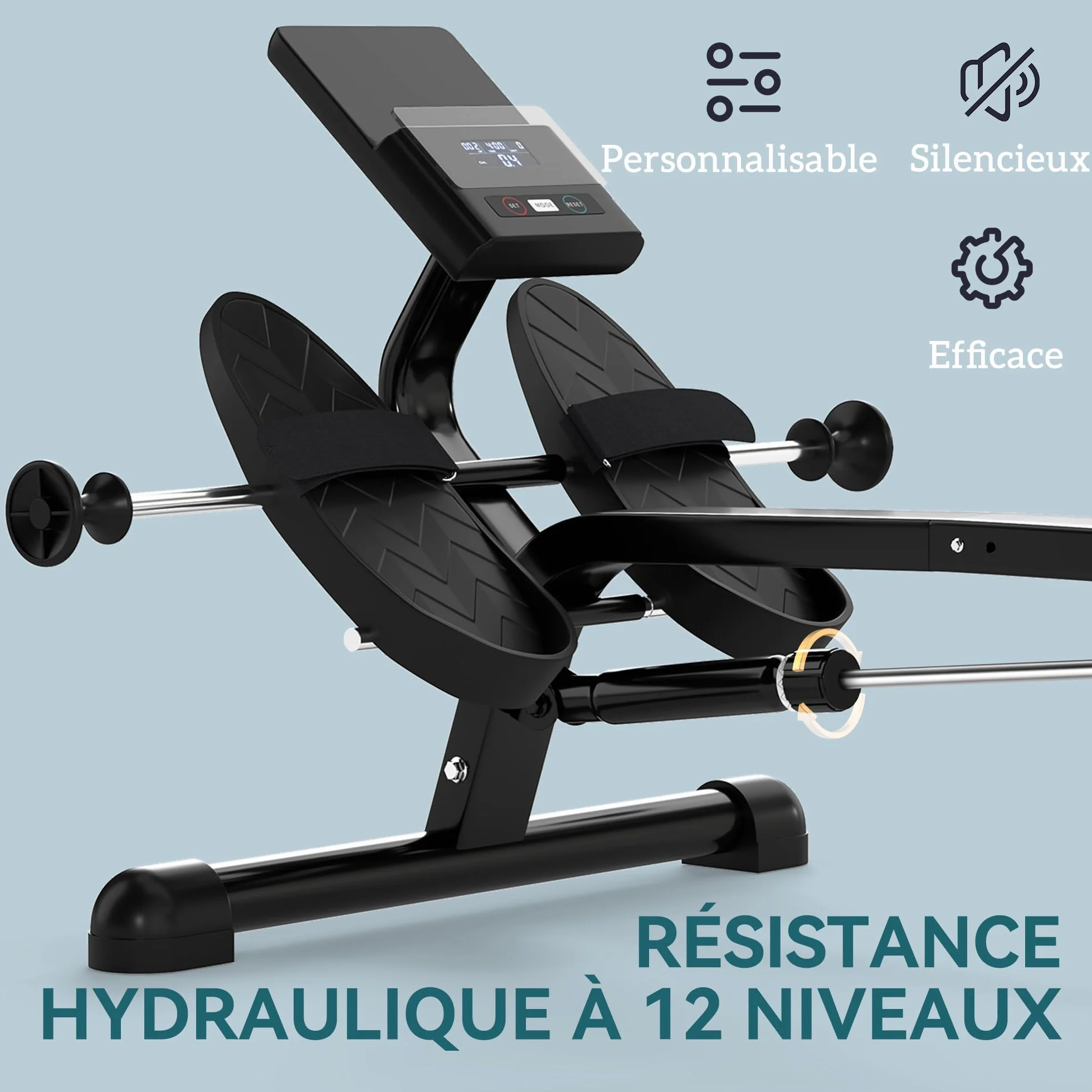 SPORTNOW Rameur hydraulique à résistance 12 Niveaux, Appareil de Musculation avec écran LCD et pédale antidérapante, capacité Max 130 kg, Cardio à Domicile, Noir