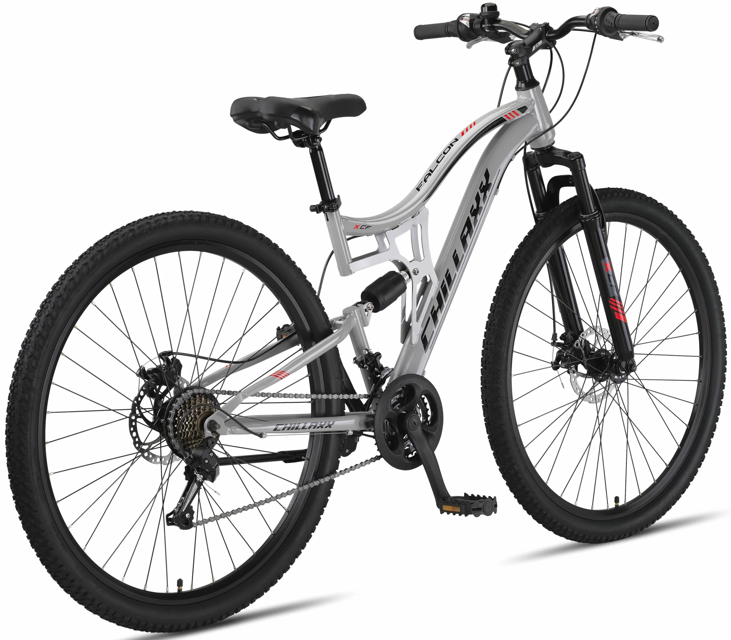Chillaxx Falcon VTT de 24, 26, 27,5 et 29″, pour garçons, filles, femmes et hommes, frein à disque, dérailleur à 21 vitesses, suspension complète
