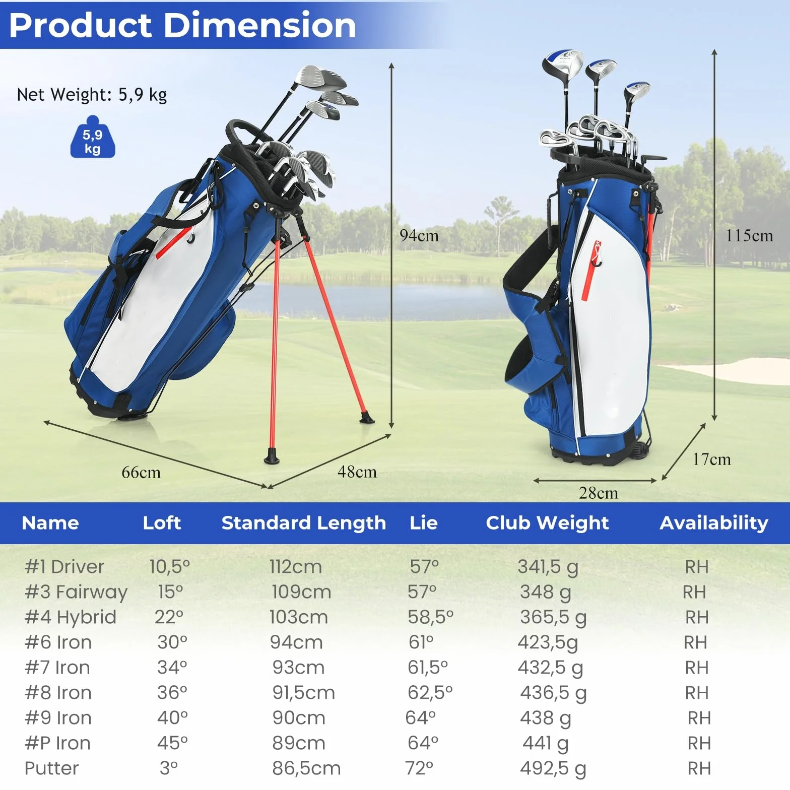 LIFEZEAL Set de Golf Portable, Ensemble Complet Club de Golf Droitier pour Homme, Sac Trépied avec 7 Compartiments, Putter, 3 Bois: Driver #1, Fairway #3, Hybride #4, 5 Fers