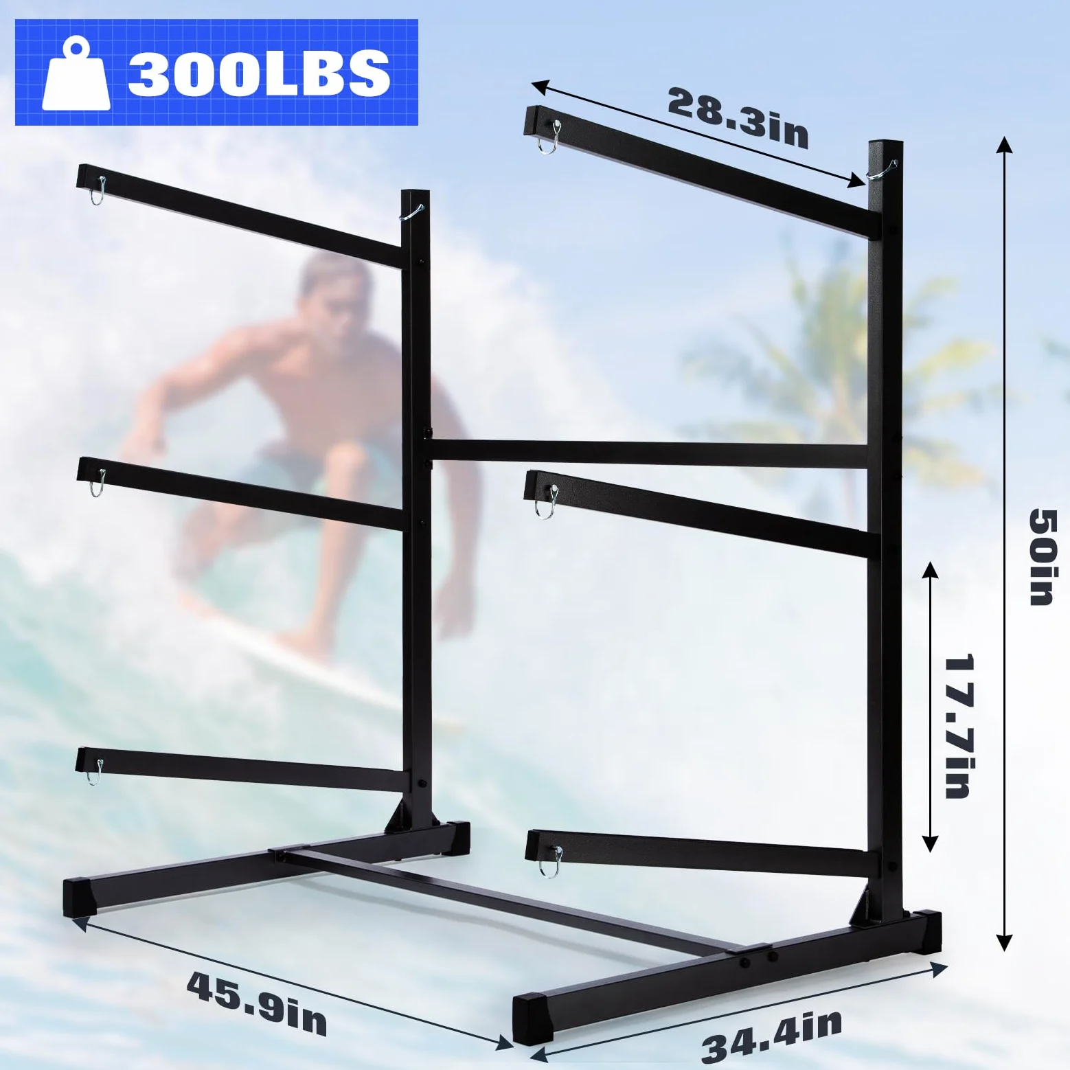 Heavy Duty Freestanding Kayak Rack s'en tient 3 planches, stockage extérieur résistant aux intempéries pour SUP Canoe Paddleboard, tampons en feutre de protection, cadre en acier industriel, support f