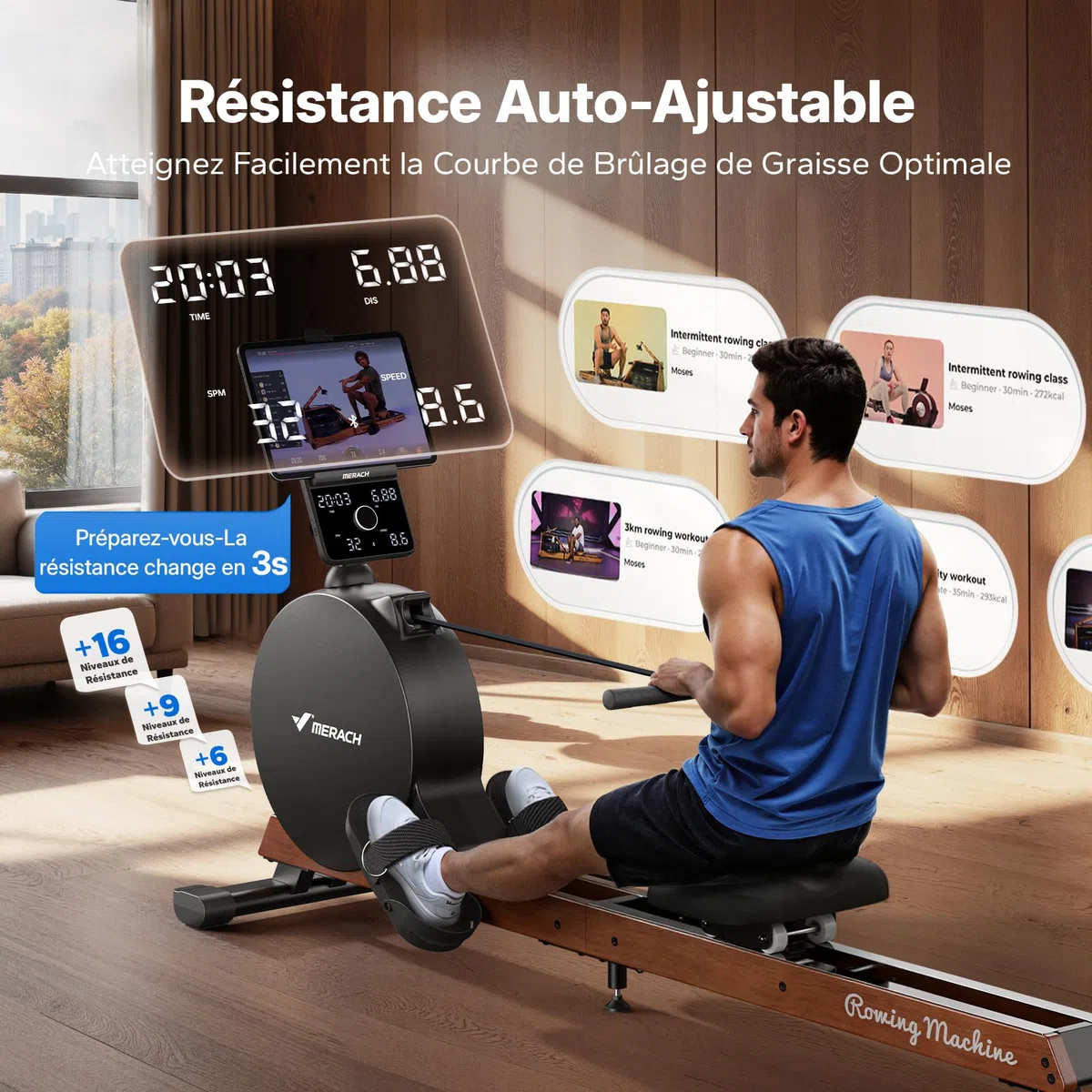 MERACH Rameur Musculation D'appartement, Auto-générateur, résistance magnétique maximale améliorée de 60 kg, réglage Automatique de la résistance, Doubles Rails en Bois, Affichage LED, Professionnel