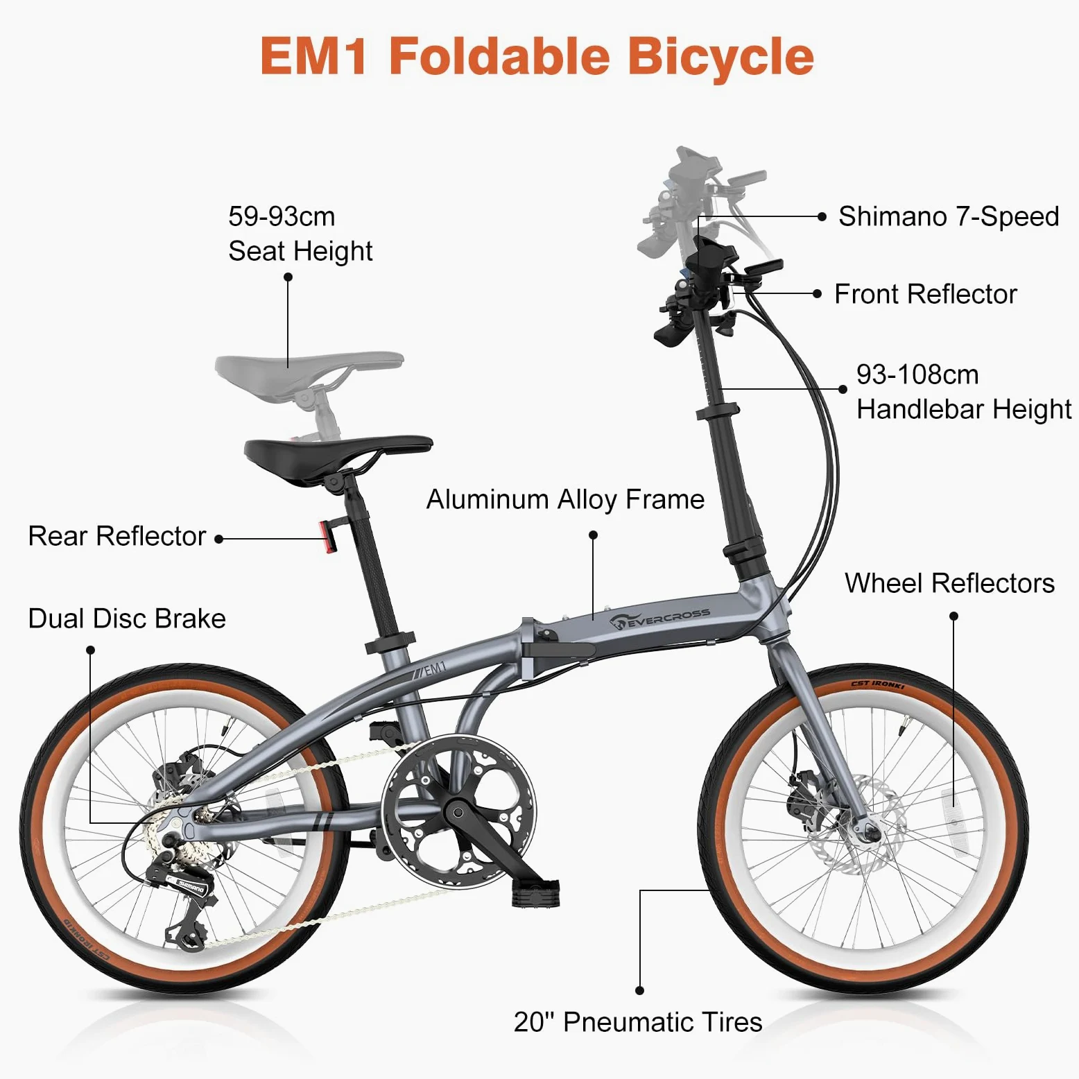 EVERCROSS EM1 Vélo Pliant pour Adultes et Adolescents dès 12 Ans – Roues 20", 7 Vitesses, Double Freins à Disque, Cadre en Aluminium Léger, Poids 12,7 kg, Bike Urban aux Tailles 150-185 cm