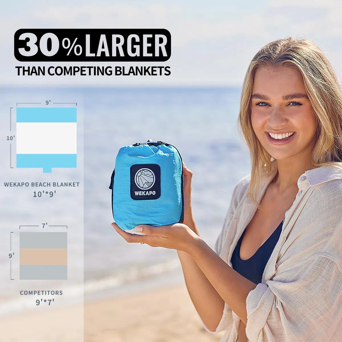 Wekapo Couverture de plage résistante au sable, tapis de plage extra-large, grand et compact, sans sable, à séchage rapide, léger et durable avec 6 piquets et 4 poches aux coins
