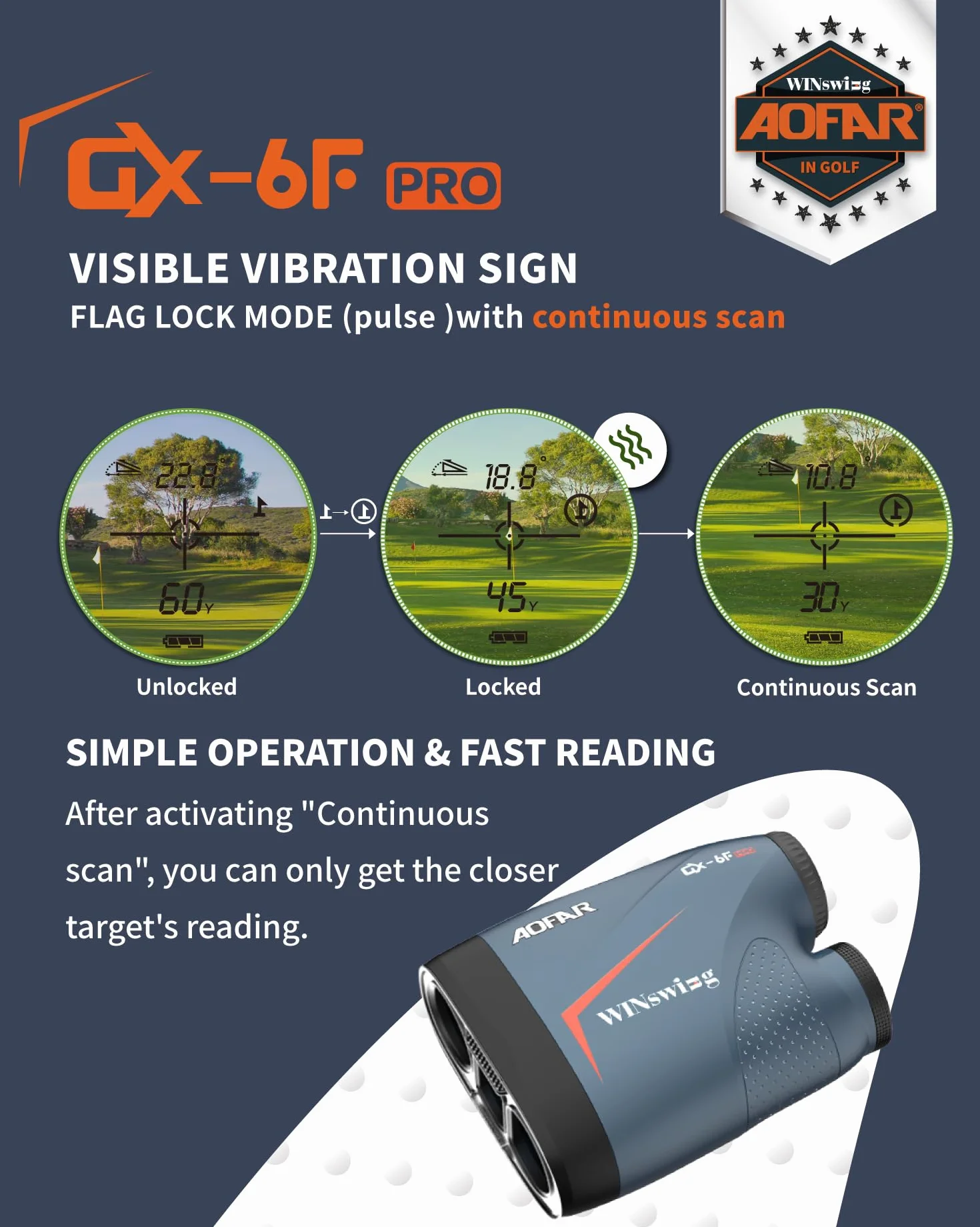 AOFAR GX-6F Pro Télémètre de Golf avec Pente, 600Y, Télémètre à Balayage Continu, Verrouillage des Drapeaux avec Vibration Pulsée pour la compétition, Lecture à 0,2 Seconde, Version Upgradée