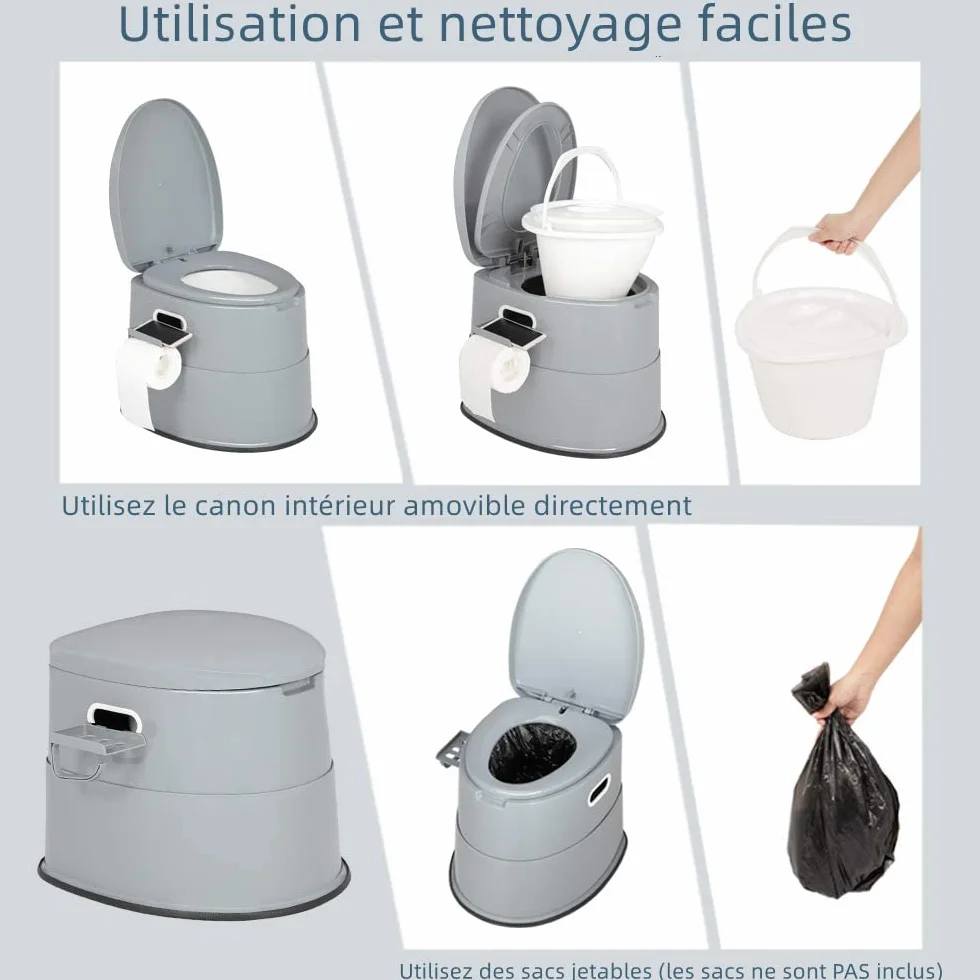 Outvita Pot de Chambre Adulte, 5 L Toilette Camping Amovible avec Porte-Papier Hygiénique pour Camping Voyage - Gris