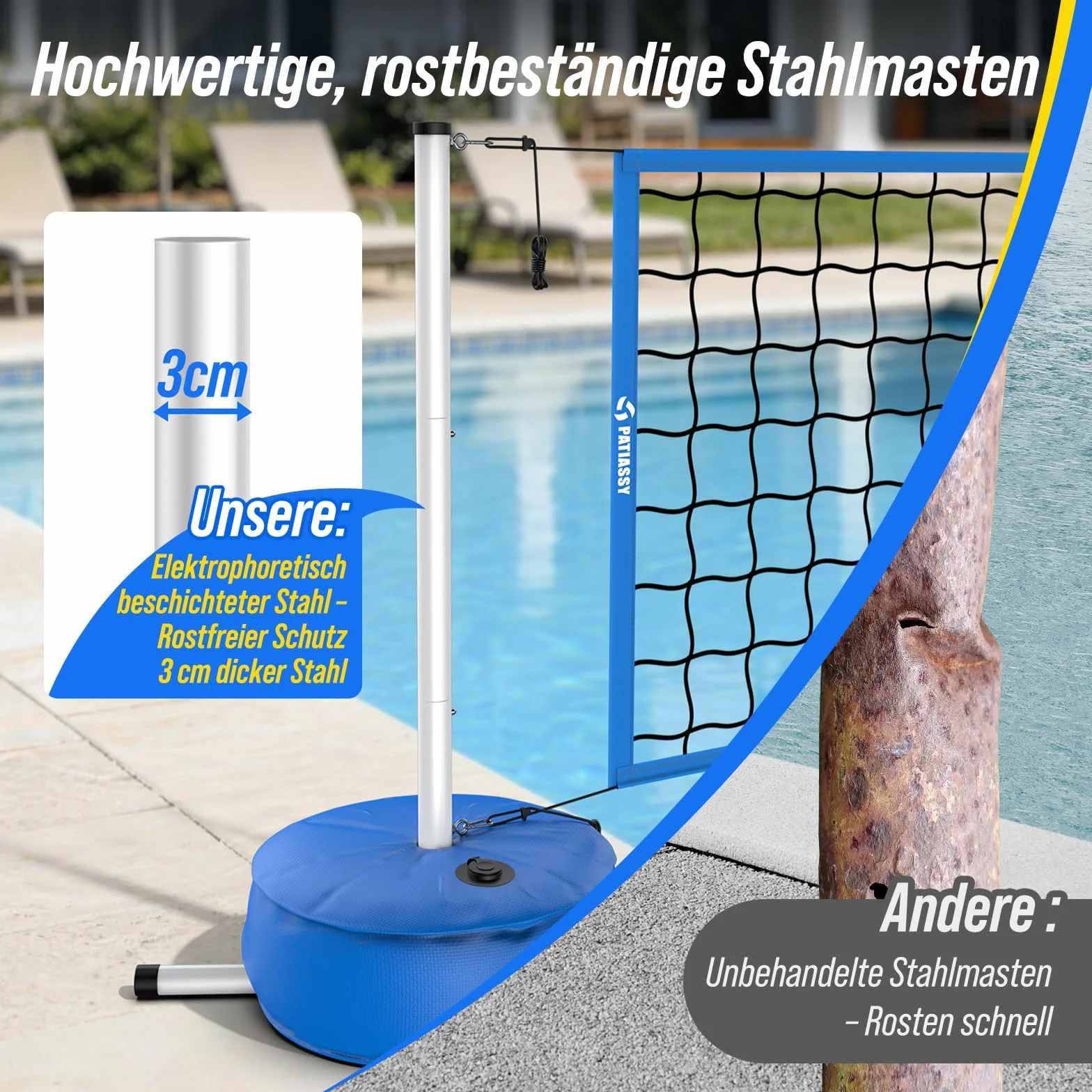 Kit de volley-ball de piscine portable réglable 4,5-7,6 m avec barres solides sac à eau 27 L jeu de volleyball