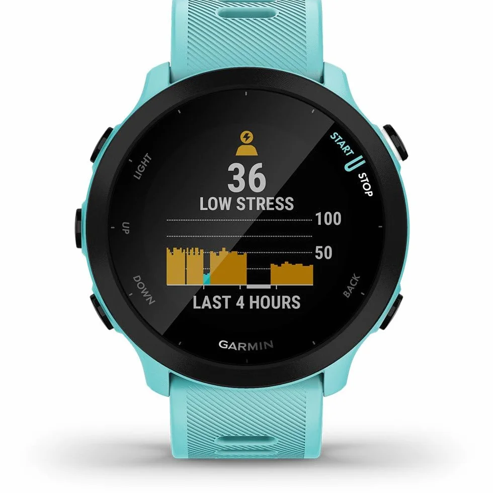 Garmin – Forerunner 55 - Montre GPS multi-activités running avec fonctions d’entrainement Garmin Coach et cardio au poignet – Vert d’eau (Reconditionné)