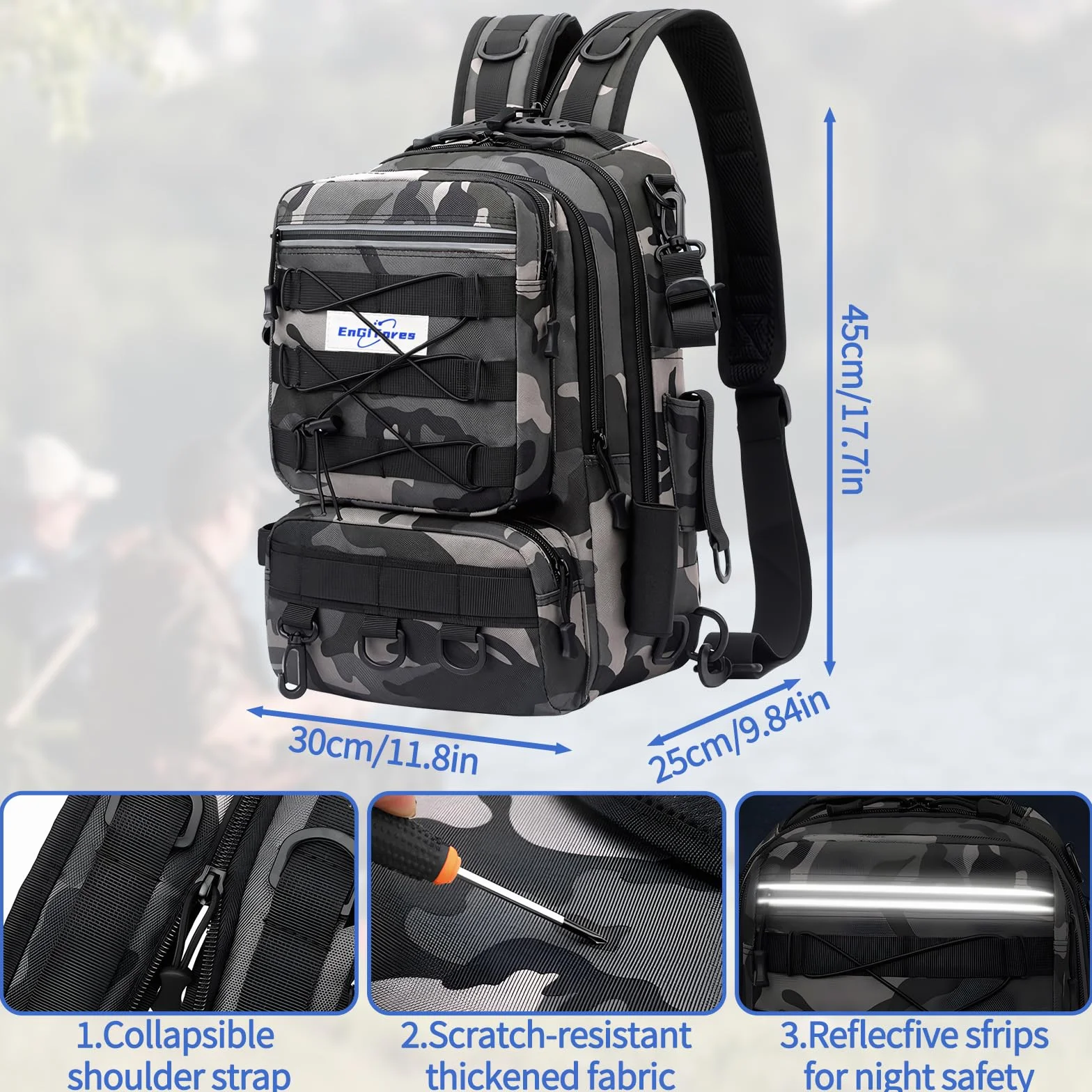 Sac à dos pêche EnGiTores fishing tackle bag pour matériel de pêche, canne étanche, camping, randonnée et voyages (45×30×25cm)