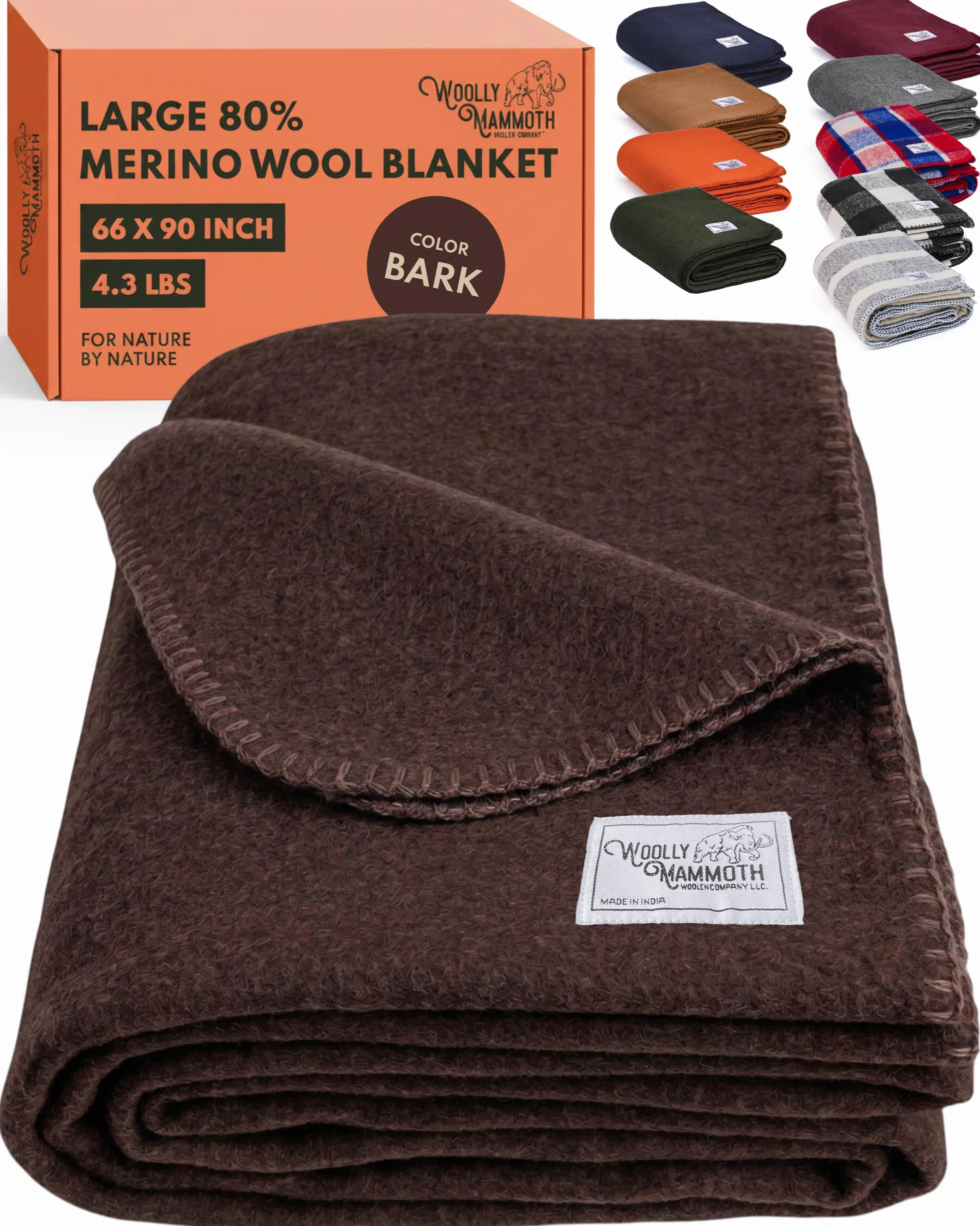 Woolly Mammoth Woolen Co. Couverture de Camping en Laine mérinos Taille XL – Idéale pour l'extérieur, Le Camping, Le Trekking, la randonnée, la Survie ou jeté à la cabane (Marron), 167,6 x 228,6 cm