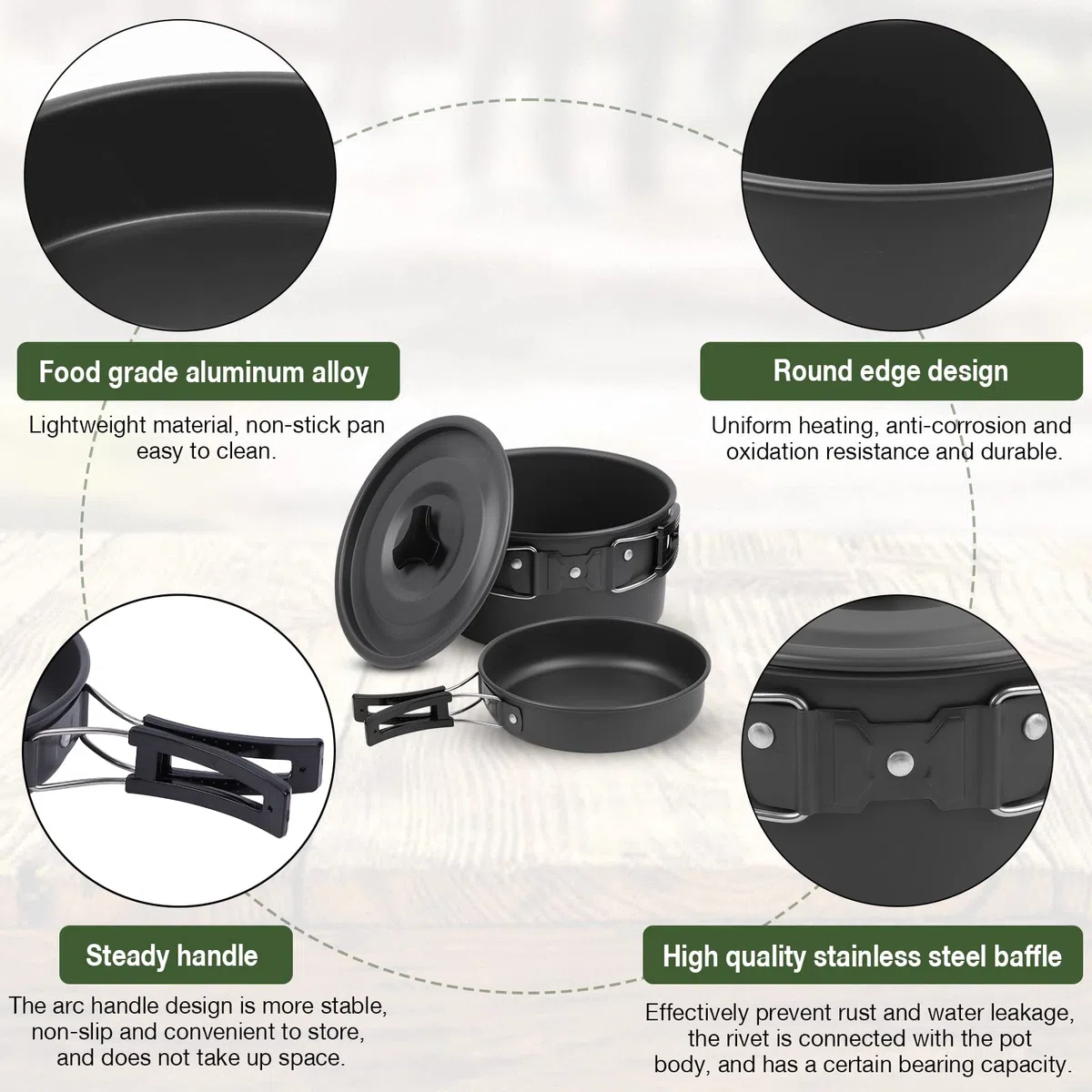 Kit de Casseroles Camping,Multi-PCS,Camping Poêlé en Aluminium Durable,Portable 2-3 Personnes Casseroles Camping Set avec Assiette Bol Ustensiles de Cuisine pour Pêche,Outdoor,Randonnée