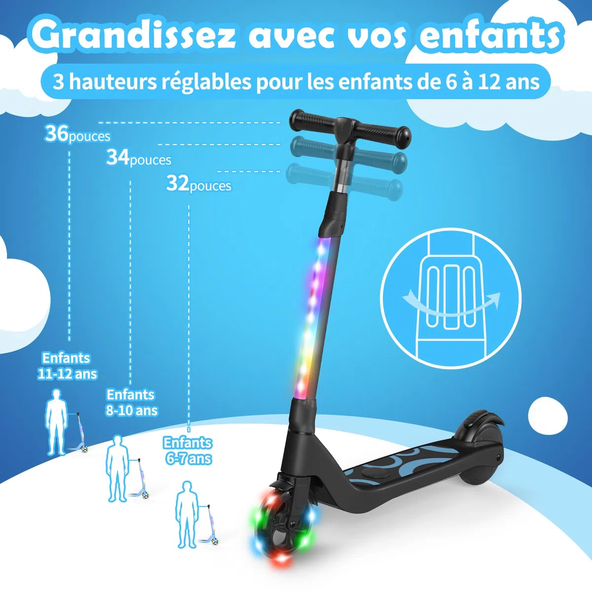 SISIGAD Trotinette Electrique Enfant 6-8-10-12 Ans Electric Scooter Enfant 5.3 Pouces avec Lumière LED Colorée & 3 Hauteurs Ajustables, Scooter Électrique Enfant Charge Max 70 Kg, Vitesse Max 10 Km/h