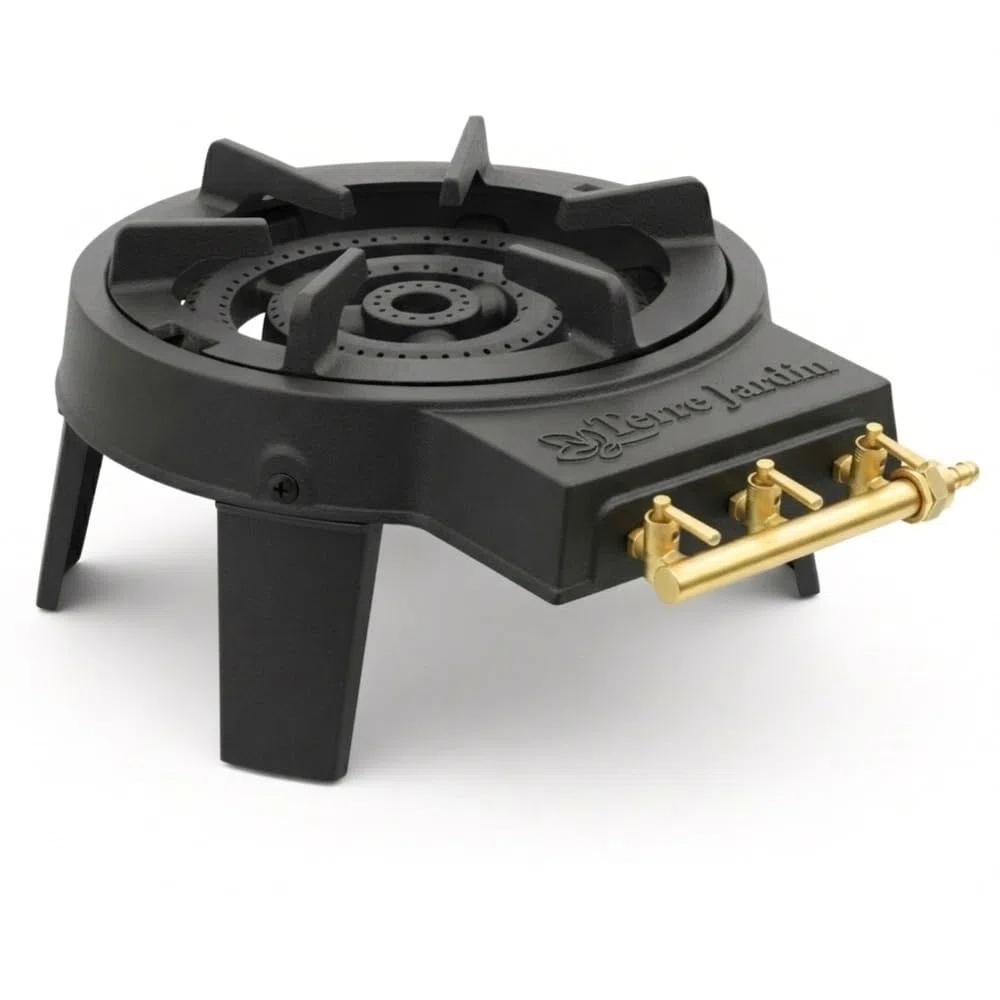 TERRE JARDIN Réchaud à Gaz 3 Feux Puissant en Fonte - Réchaud Camping Professionnel Triple Brûleur - Gazinière Extérieure pour Paëlla, Wok et Cuisine Outdoor