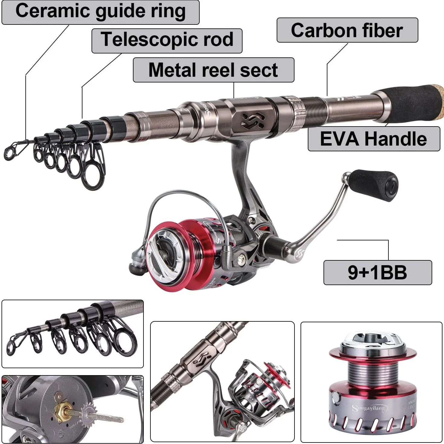 Sougayilang Canne à pêche et Moulinet télescopique en Fibre de Carbone 12+1BB avec Sac de Transport pour Eau salée et Eau Douce