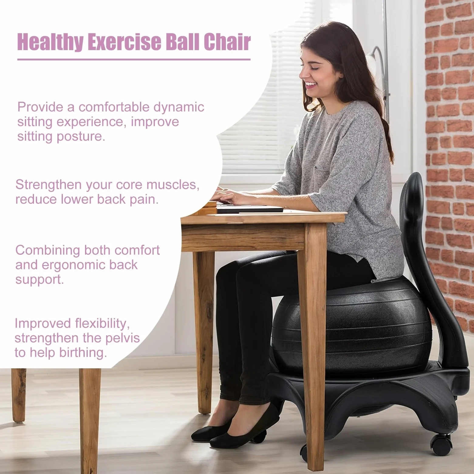 Chaise Ballon Base de Chaise Boule de Yoga Uniquement Sans Balle, Cadre de Chaise de Boule D'équilibre de Stabilité pour Le Bureau à La Maison, Support à Billes avec Roulettes et Support Dorsal