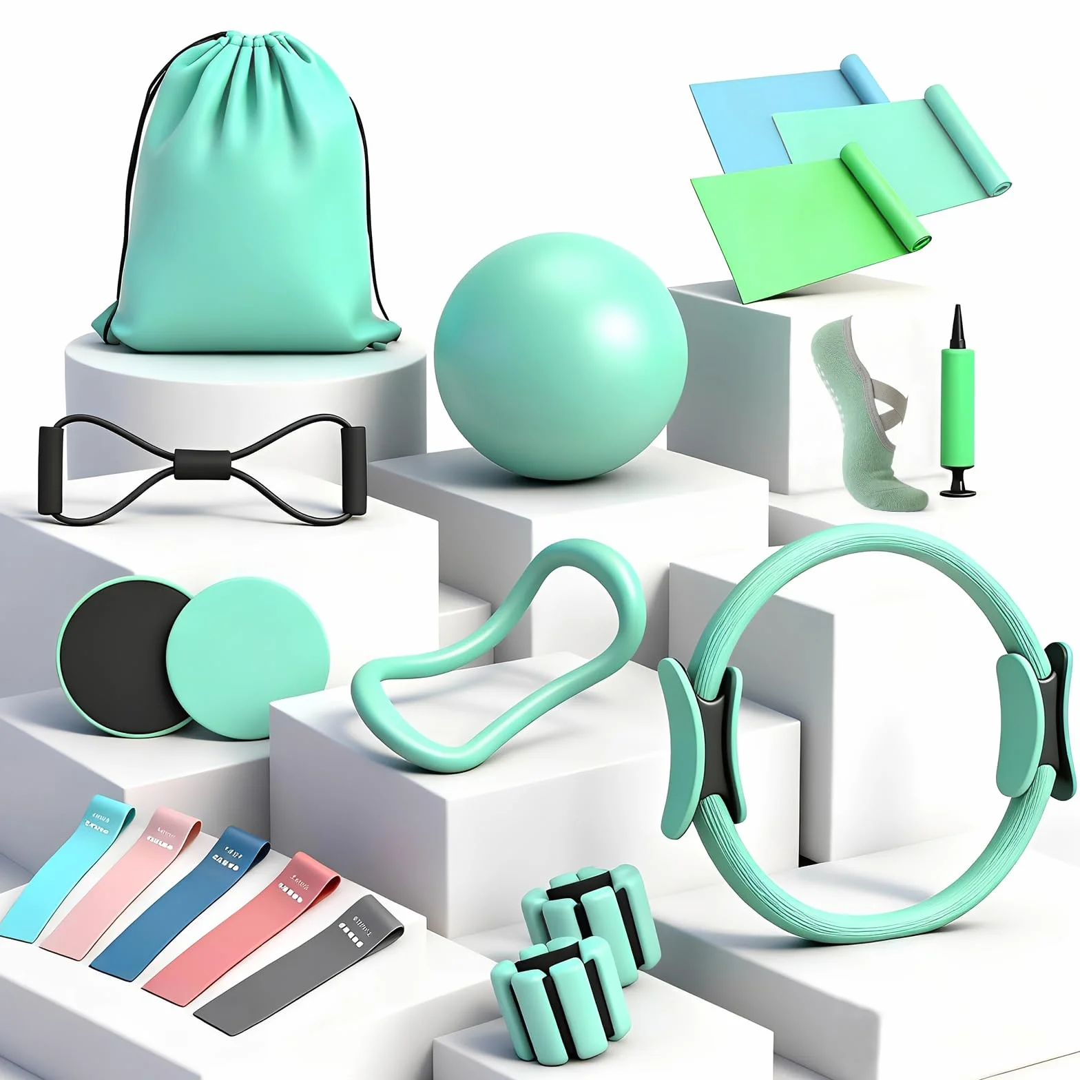 Kit Pilates Maison Complet, Anneau de Pilate 14 Pouces, Ballon Pilate, Poids Poignet et Poids Cheville réglables, Bande Élastique Musculation pour Jambe et Traction, Accessoires pour Femme
