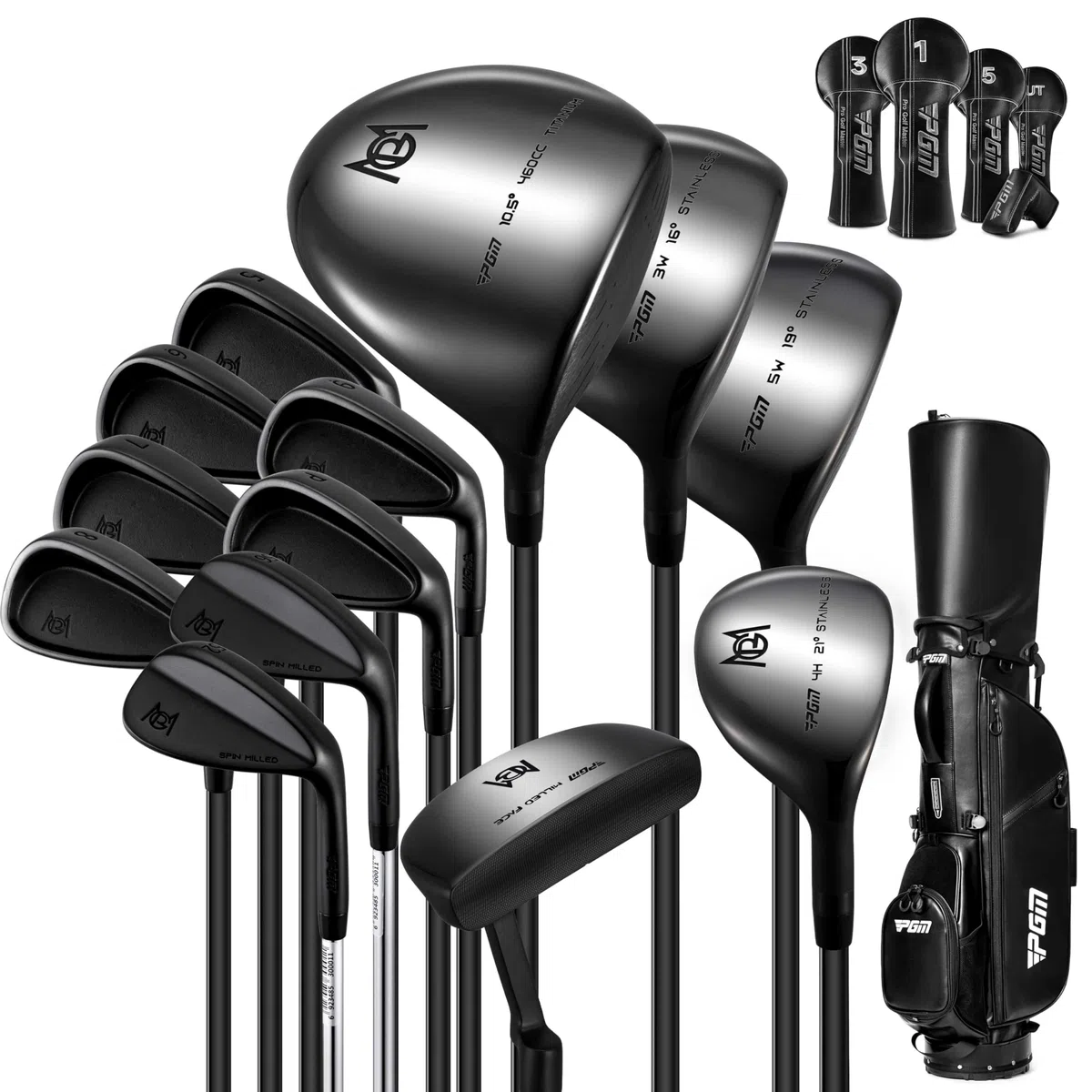 PGM Ensembles complets de clubs de golf pour homme - 13 pièces - 3 bois (#1,3,5), 1 hybride (#4H), 6 fers (#5,6,7,8,9,PW), 2 Sand Wedge (52°, 56°), 1 putter - Sac de support de golf, droitier