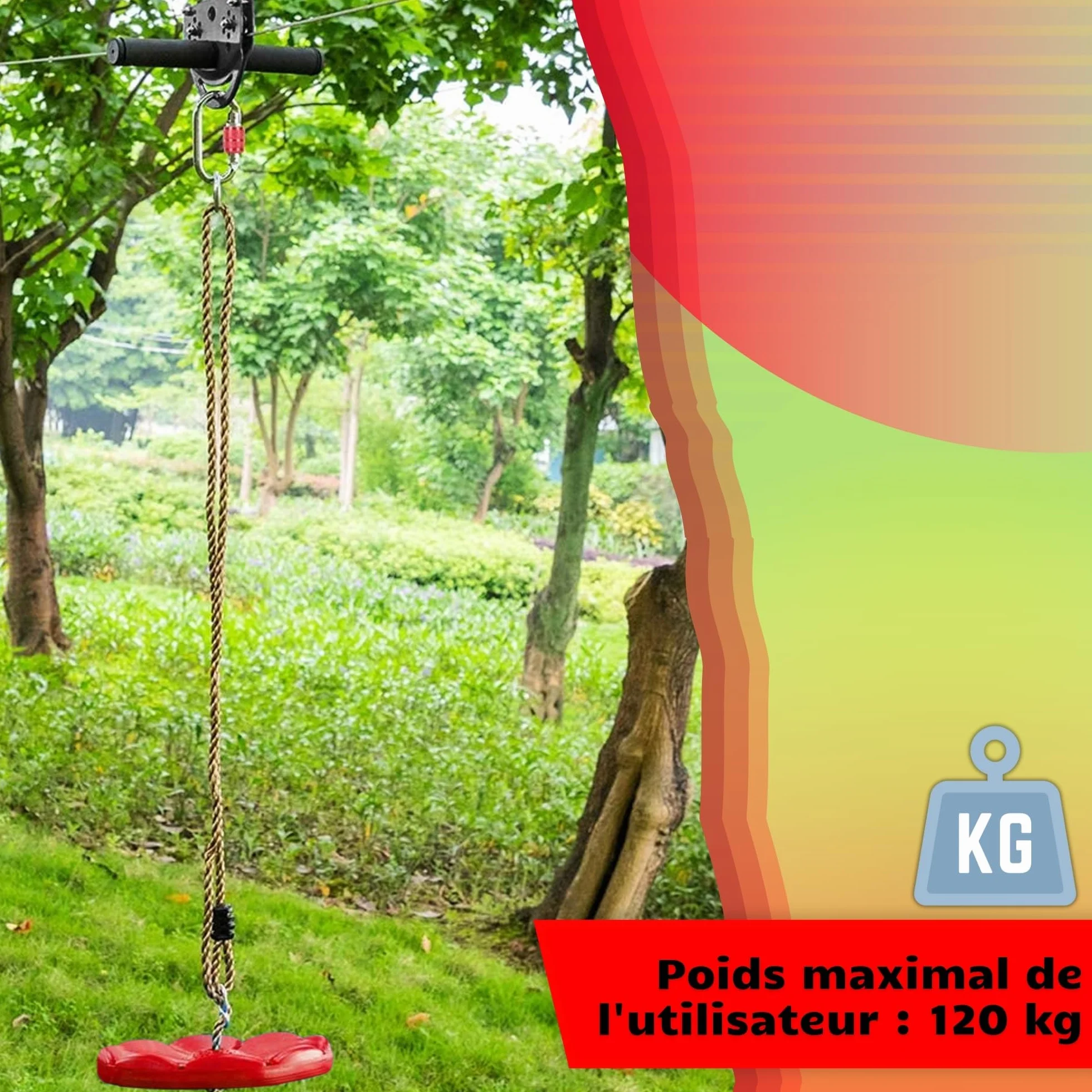 SPRINGOS Tyrolienne Enfant 30m Acier Inoxydable – Kit Zipline avec Siège, Chariot, Frein Ressort, Mousquetons – Charge 120 kg – Jeu Plein Air Jardin