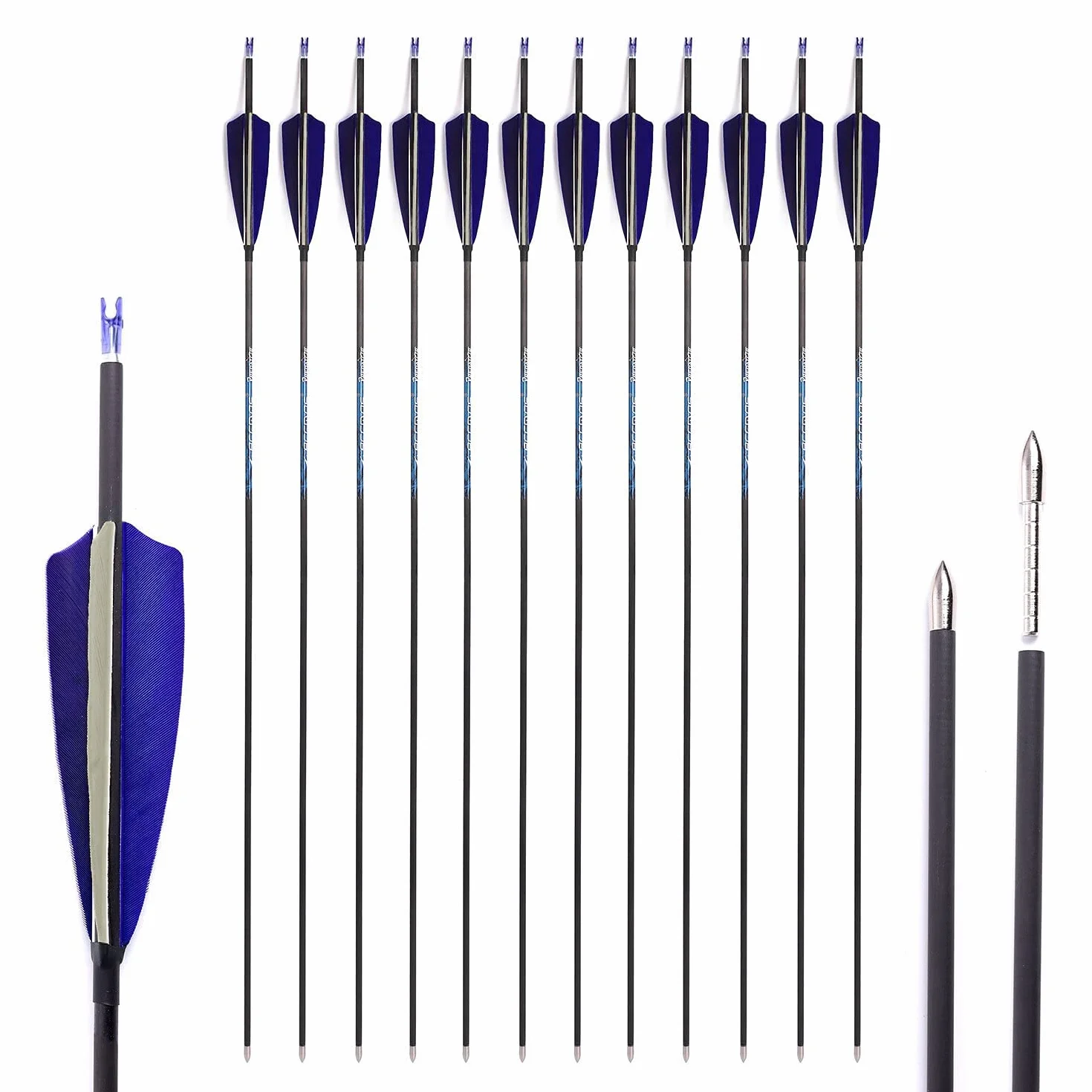 12pcs Diamètre Intérieur 4.2mm .165" 22-32 Pouces Flèches Spine 300 350 400 500 600 700 800 900 1000 Adulte Jeunesse Flèche Carbone avec Encoche Rotative pour Arc à Poulies et Arc Recurve Style1