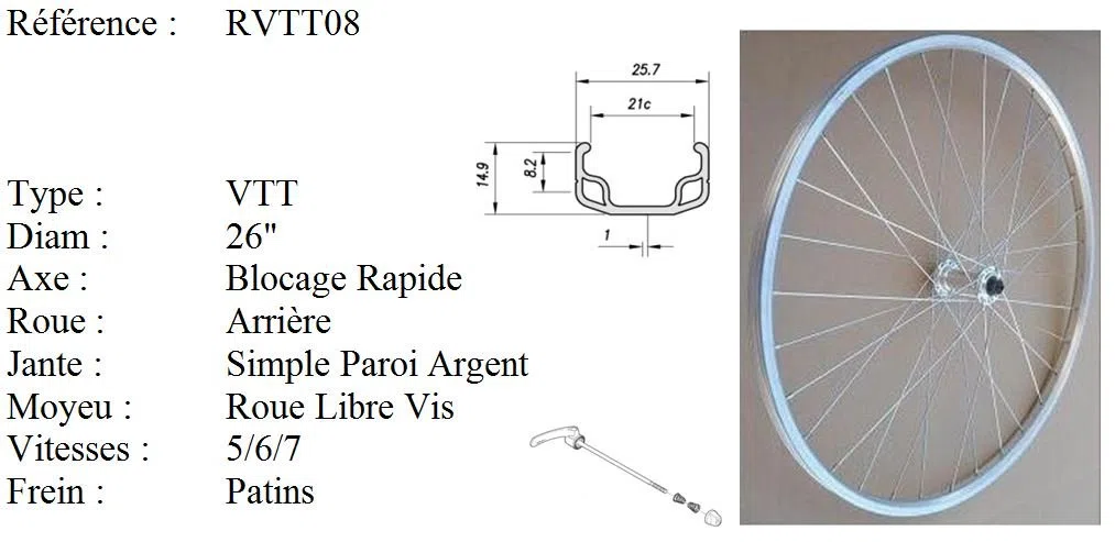 Roue Arrière VTT 26 Pouces De Fabrication Française (Etrto : 559X37) - 36 Rayons - Axe Moyeu 10Mm - Serrage Blocage Rapide - 6/7/8 Vitesses - Argenté