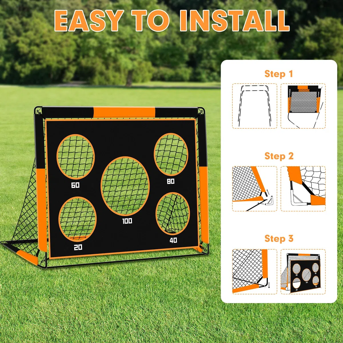But de Foot 2 en 1 pour Jardin, Cage de Football avec Cible de Tir, Filet Pliable Outdoor, But pour Enfants avec 4 Piquets et Sac de Transport