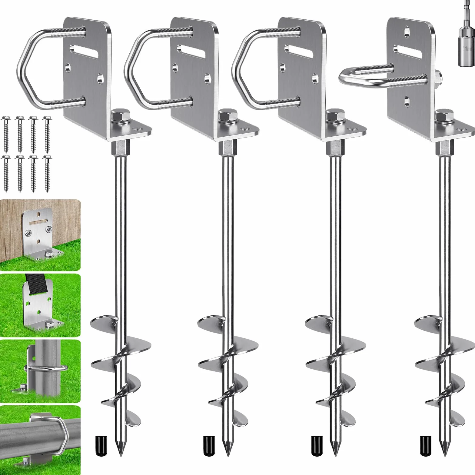 BeneLabel Ancrage au Sol, 50cm Heavy Duty Trampoline Anchor à Visser kit Ancrage Balancoire 4pcs Spirale 7.2cm pour Structure d'escalade/Abri Voiture/Clôture avec Plaque Fixe et Anneau, Base en L