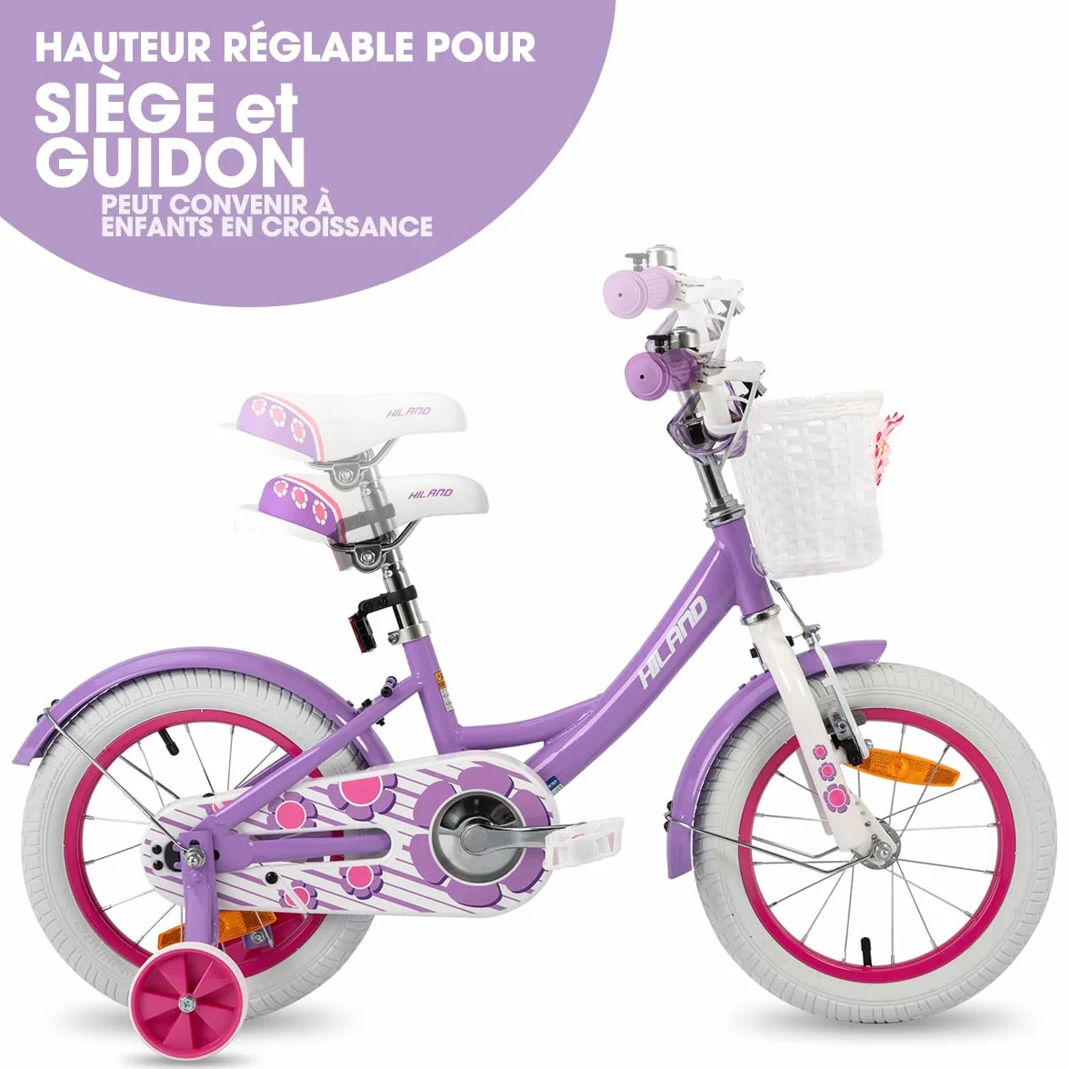 HILAND Vélo Fille 12 14 16 Pouces avec Roues Stabilisatrices et Panier, Frein à Main et Rétropédalage, Rose Violet Blanc
