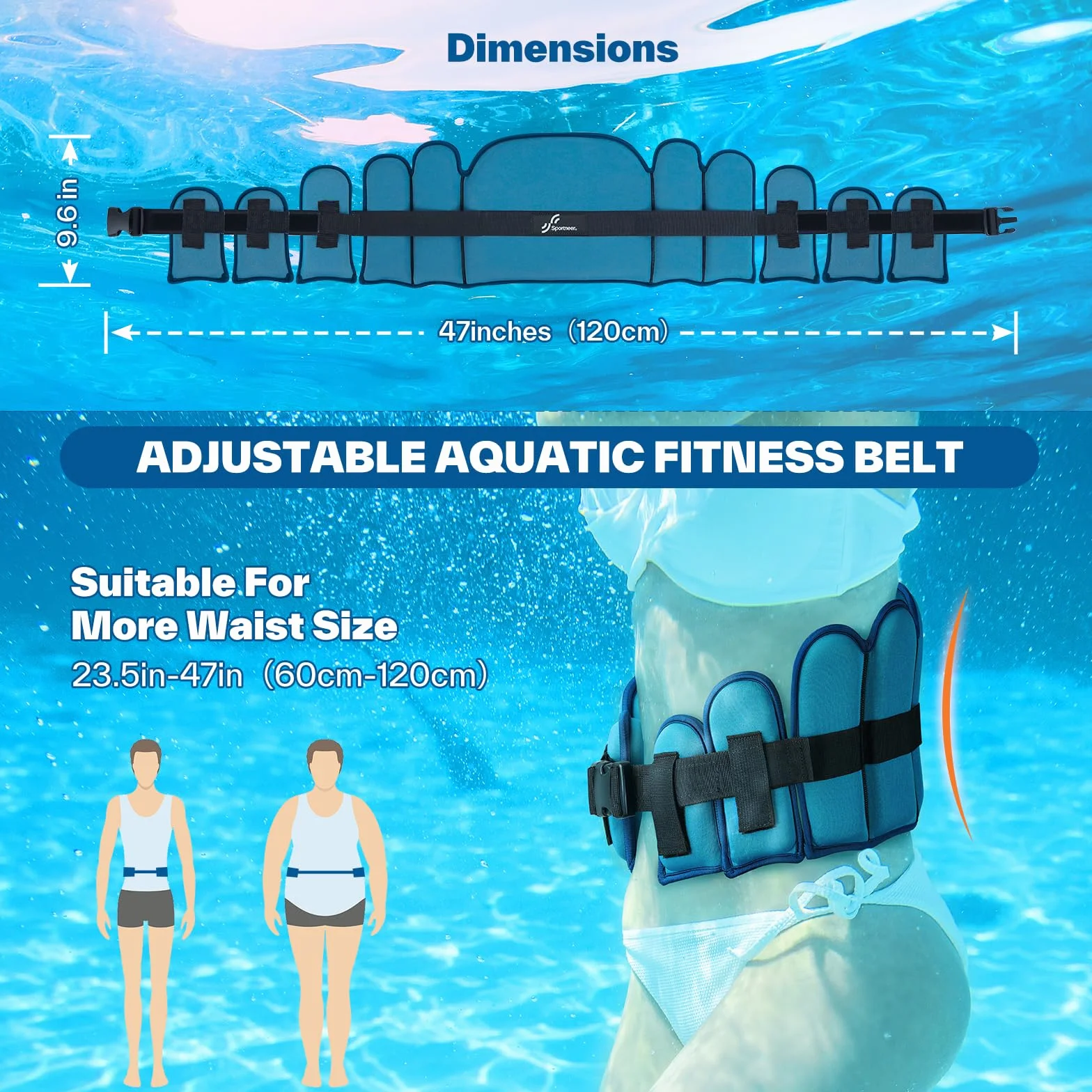 Sportneer Ceinture de jogging Aqua pour adultes - Blocs réglables pour l'entraînement à la résistance à l'eau, ceinture de jogging aquatique pour exercices de piscine, aquagym