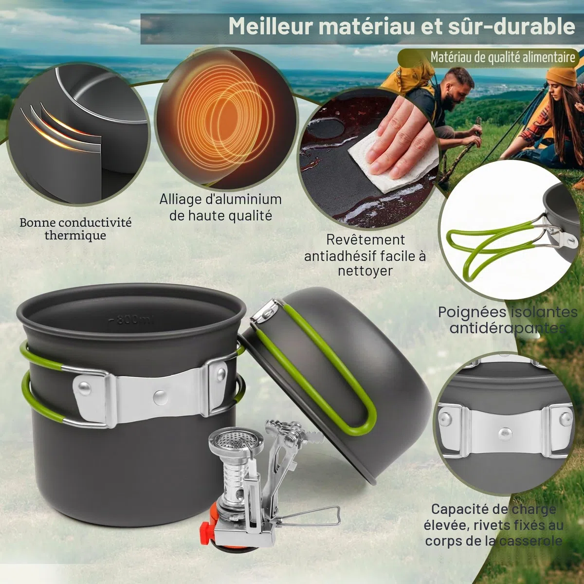 Réchaud de Camping et Casserole - Cuisinière Portable de randonnée avec brûleur à gaz Propane et Butane pour Bouteille de gaz à allumage piezo