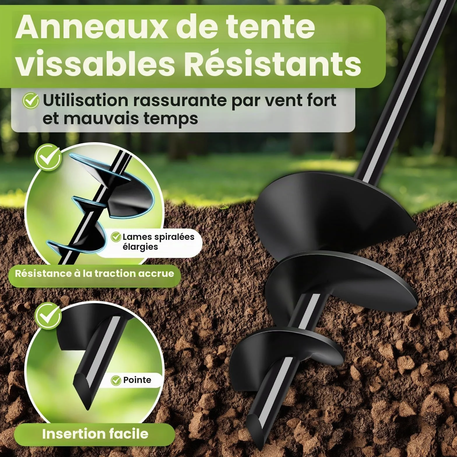 Ancrage au Sol à Visser pour Tente Trampoline, Ensemble de 4 Ancrages Robustes Résiste aux Vents Forts