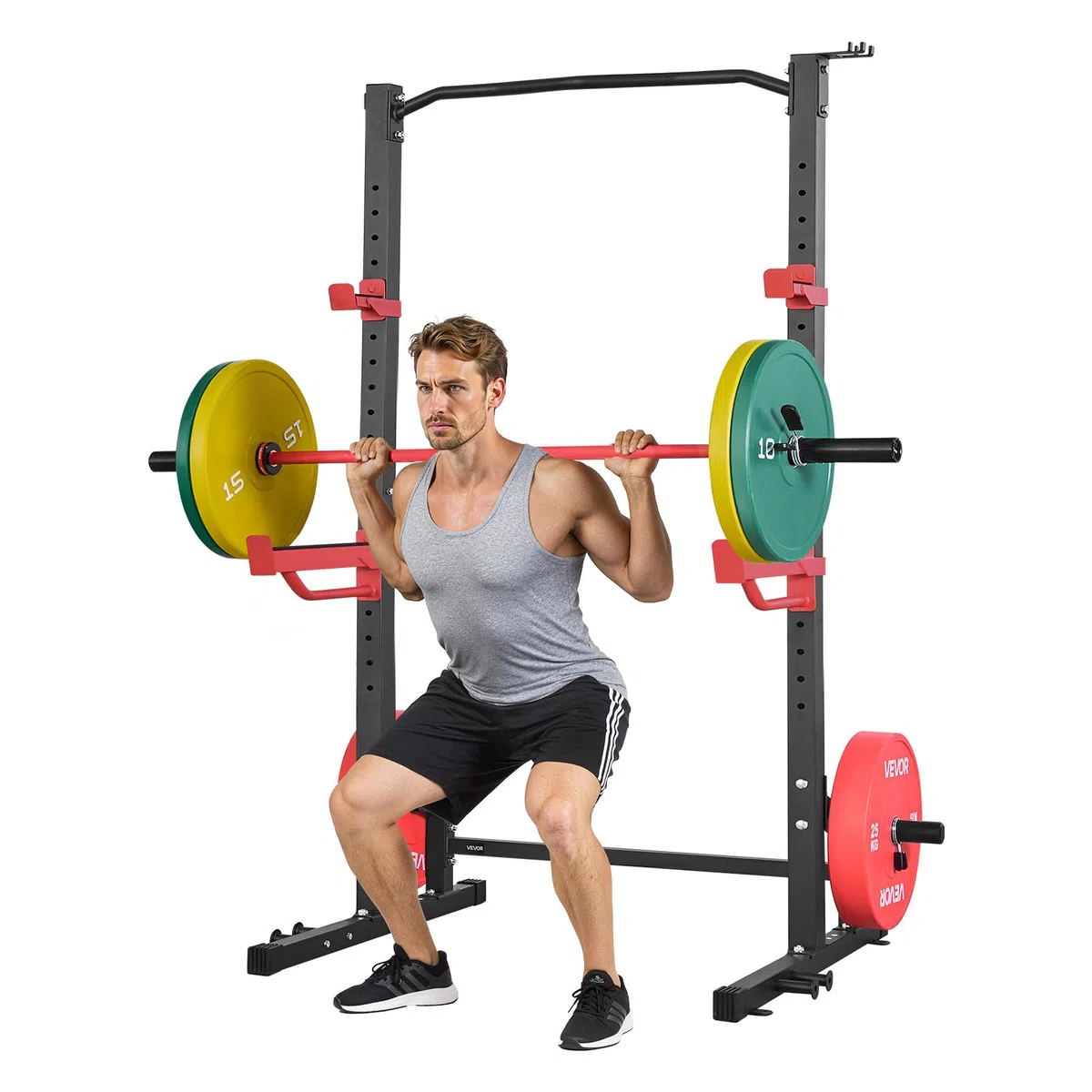 VEVOR Cage de Musculation Multifonctionnelle, Rack à Squats avec Crochets en J Réglables, Station de Musculation pour Squats Développés Couchés Tractions Gym et Domicile, avec Barres de Sécurité
