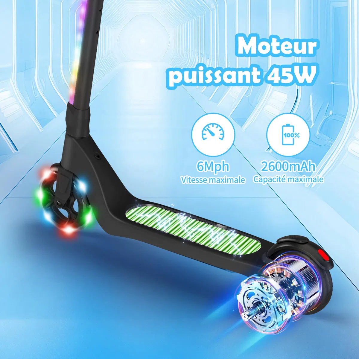 SISIGAD Trotinette Electrique Enfant 6-8-10-12 Ans Electric Scooter Enfant 5.3 Pouces avec Lumière LED Colorée & 3 Hauteurs Ajustables, Scooter Électrique Enfant Charge Max 70 Kg, Vitesse Max 10 Km/h