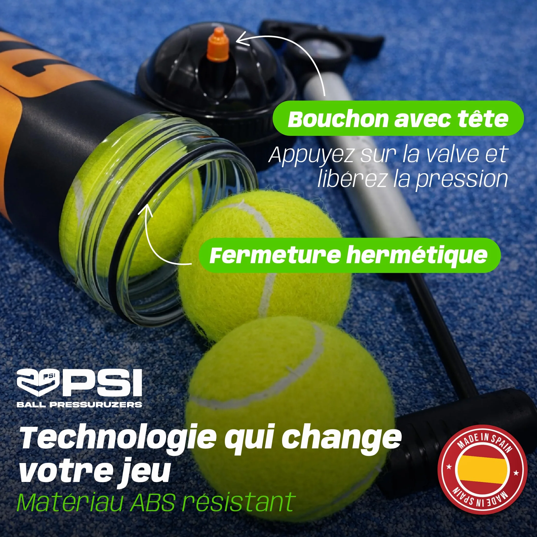 TUBOPLUS 29PSI Pressurisateur de balles de padel et de tennis Maintient la pression et le rebond Pot hermétique pour prolonger la durée de vie des balles
