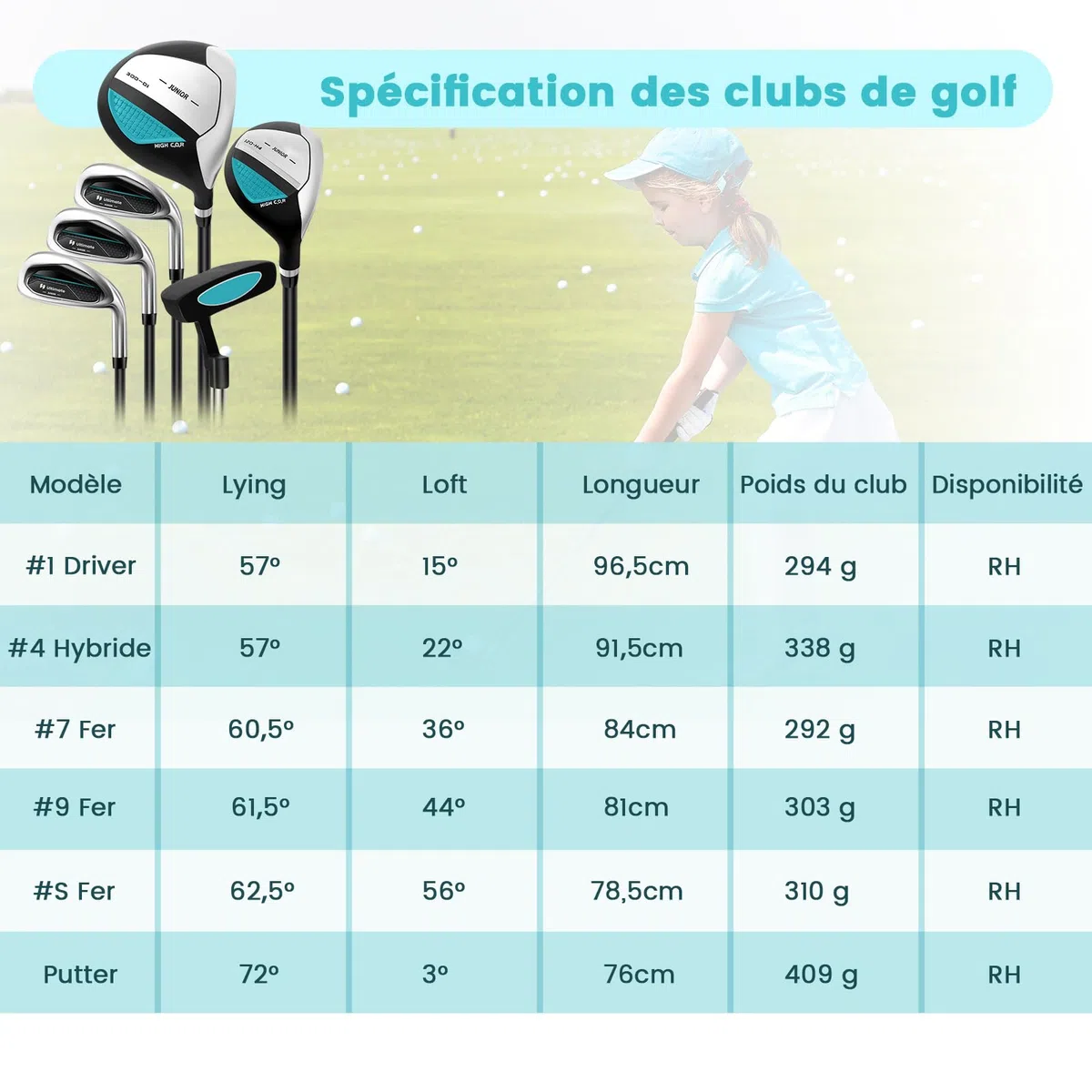 COSTWAY Ensemble Club de Golf Portable pour Enfants, Set de Golf Complet Sac Trépied avec Capuche Anti-Pluie, pour Droitier