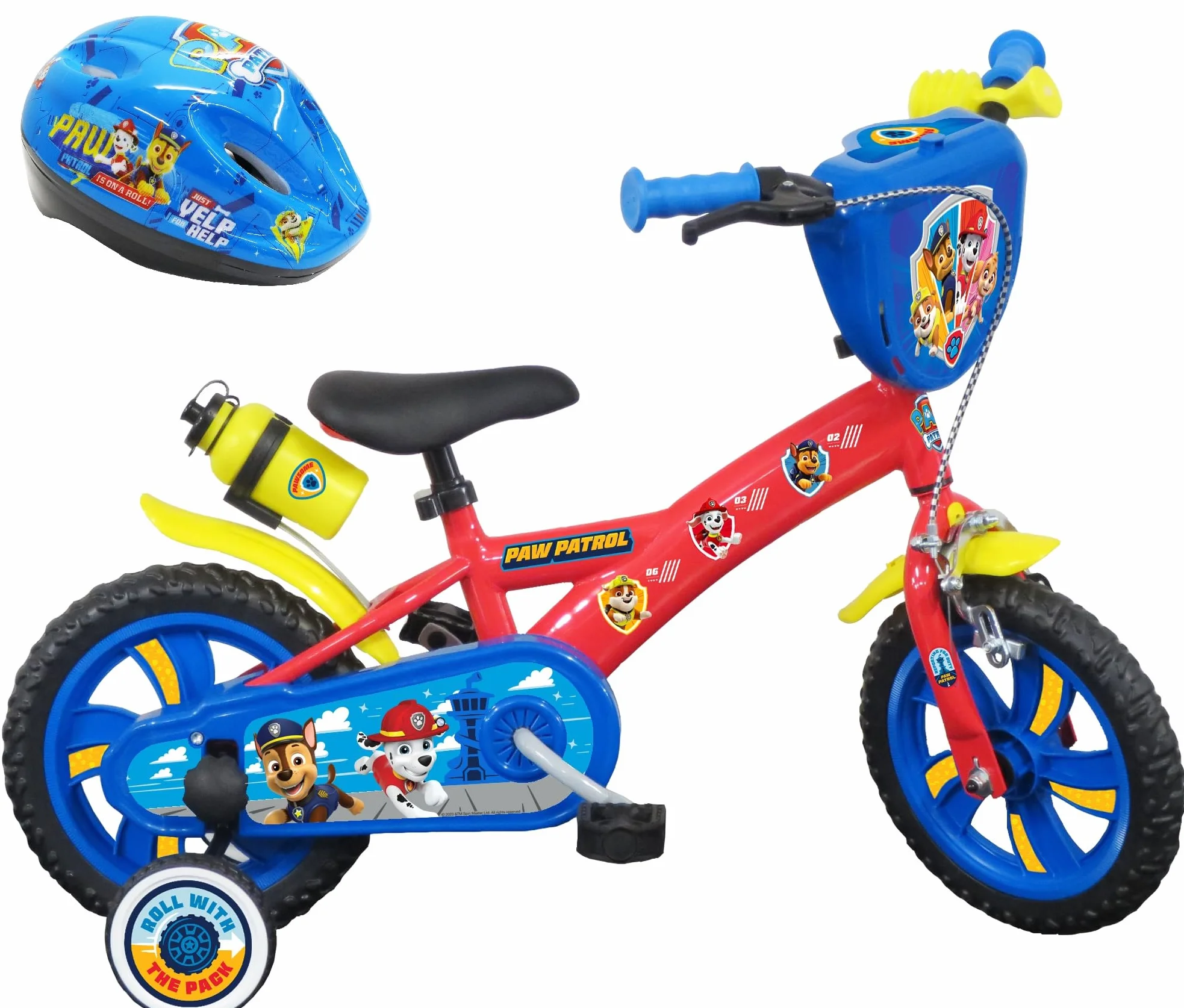 Vélo 12'' Pat Patrouille équipé de 1 Frein, Plaque Avant décorative, Garde boues, Carter, stabilisateurs + Casque de la Pat Patrouille Orange ou Bleu