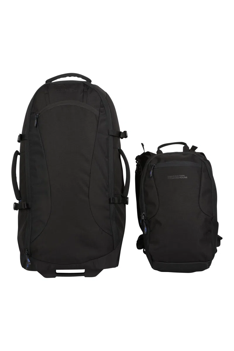 Mountain Warehouse Voyager Wheelie Sac à Dos de 50 + 20 litres - Sac à Dos rembourré en Maille aérée avec Fermetures éclair verrouillables et Sangles réglables - Camping Noir Taille Unique