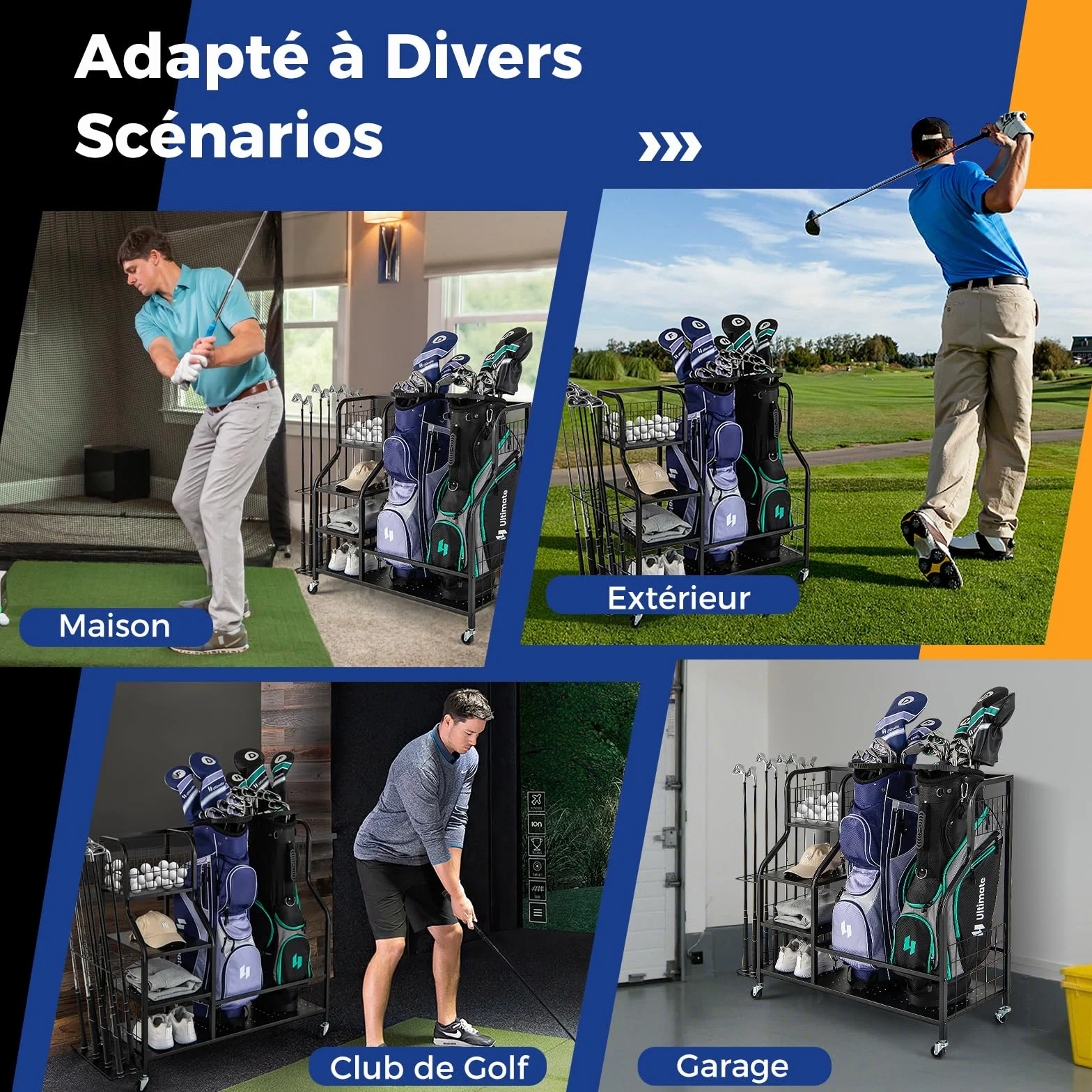 COSTWAY Organisateur d'Équipement Sportif avec Roues Amovibles, Support de Rangement pour 2 Sacs de Golf avec Support pour Clubs de Golf 6 Crochets, pour Garage Club sous-Sol