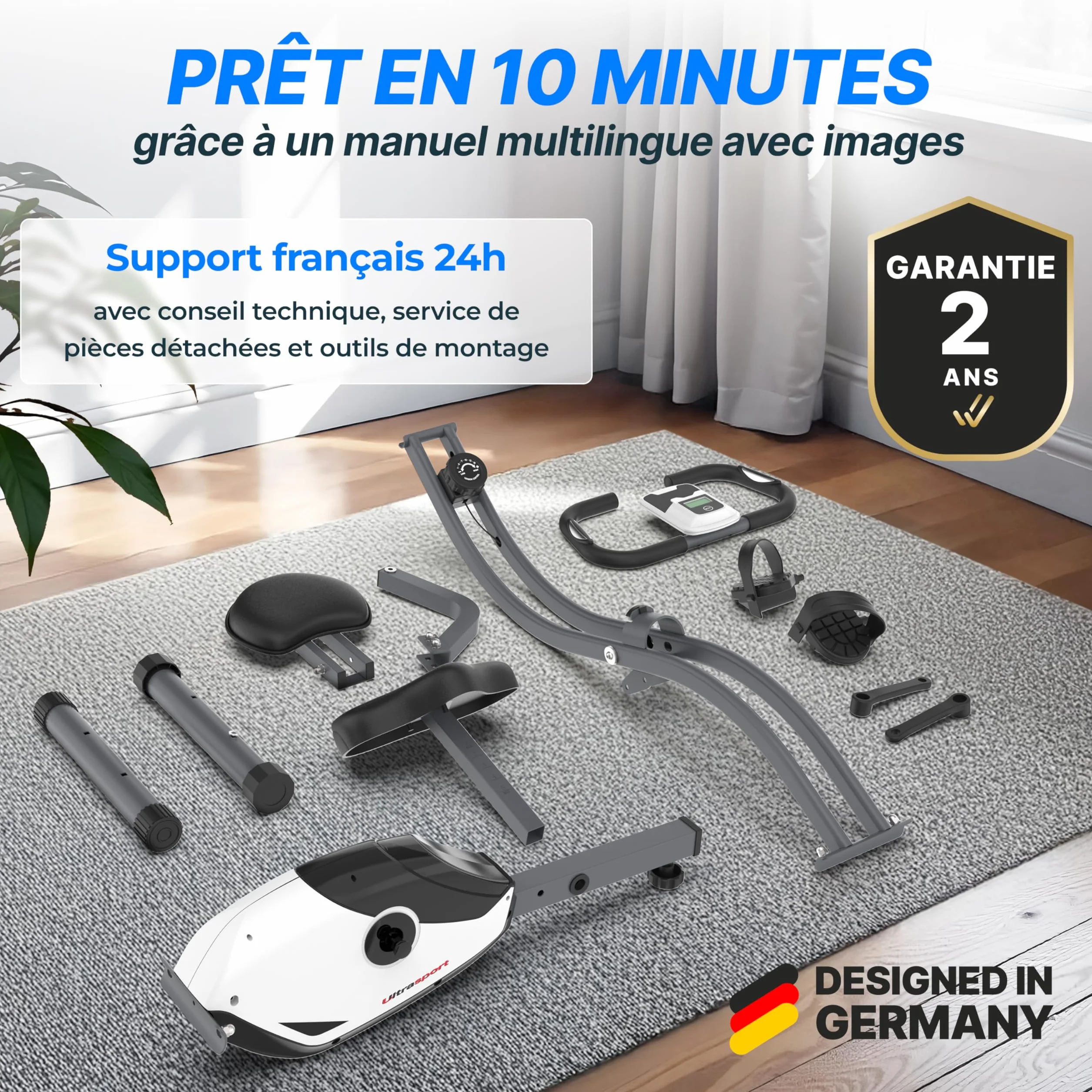 Ultrasport F-Bike Vélo d’Appartement Pliable I Vélos d'Appartement Extra Silencieux jusqu'à 130 kg avec Selle Confort, Velo d Appartement Pliable
