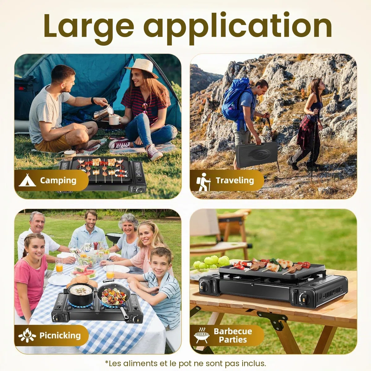 Réchaud à gaz portable d'extérieur à 2 feux avec plaque de cuisson | 50 % d'efficacité thermique et plaque de cuisson lavable au lave-vaisselle (43,5 x 25 cm) pour camping/balcon avec soupape de