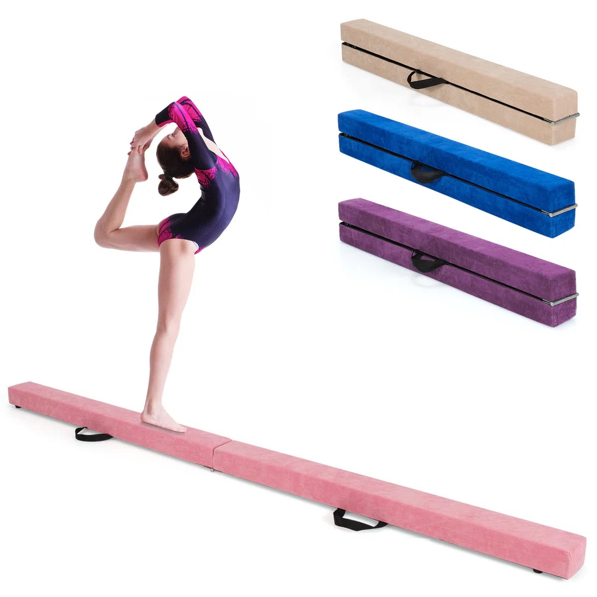 GYMAX Poutre Gymnastique pour Enfant, Poutre d'Équilibre Pliable 210CM, Portable, Robuste en Bois Massif, avec Patins Antidérapant & Surface Douce, Transport Facile, pour Danse/Fitness (Rose)