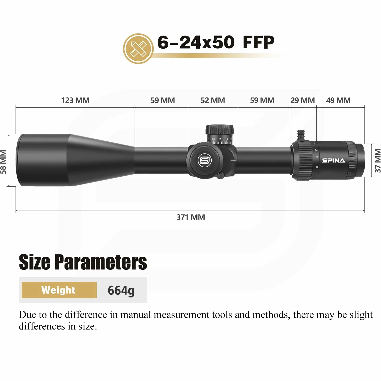 SPINA OPTICS 6-24x50E FFP II première Lunette de Fusil à Plan Focal avec Treillis de précision mrad Rouge et visière