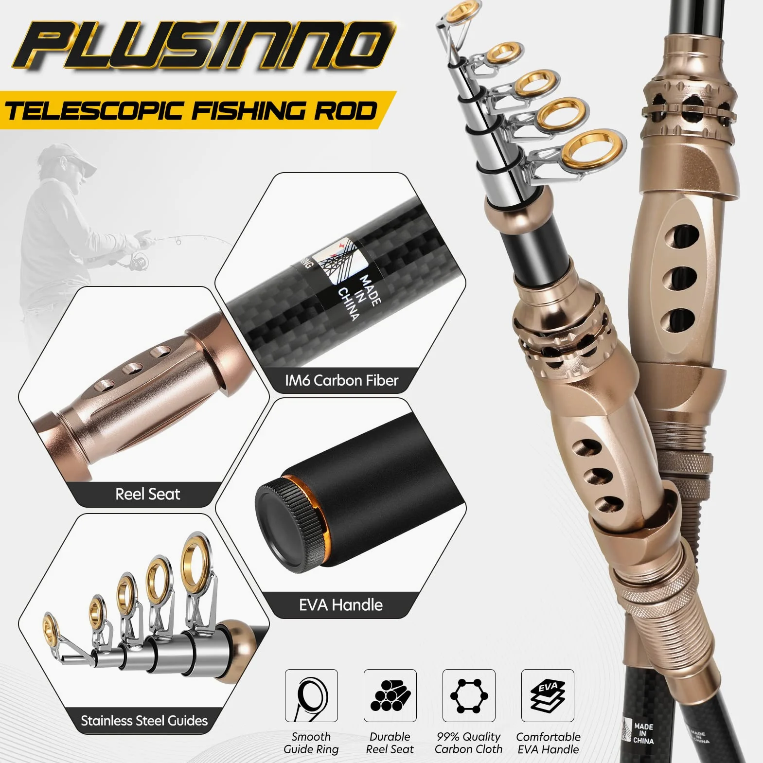 PLUSINNO Ensemble Canne à pêche et Moulinet télescopique en Fibre de Carbone avec Moulinet pour Eau salée et Eau Douce