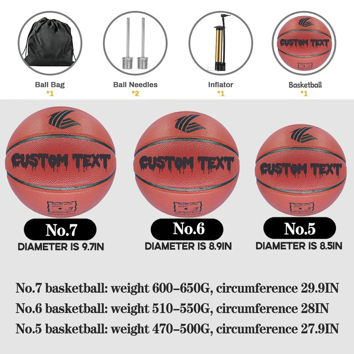 Ballon de basket-ball personnalisé pour intérieur et extérieur - En cuir composite imprimé avec votre nom - Taille officielle 5, 6, 7