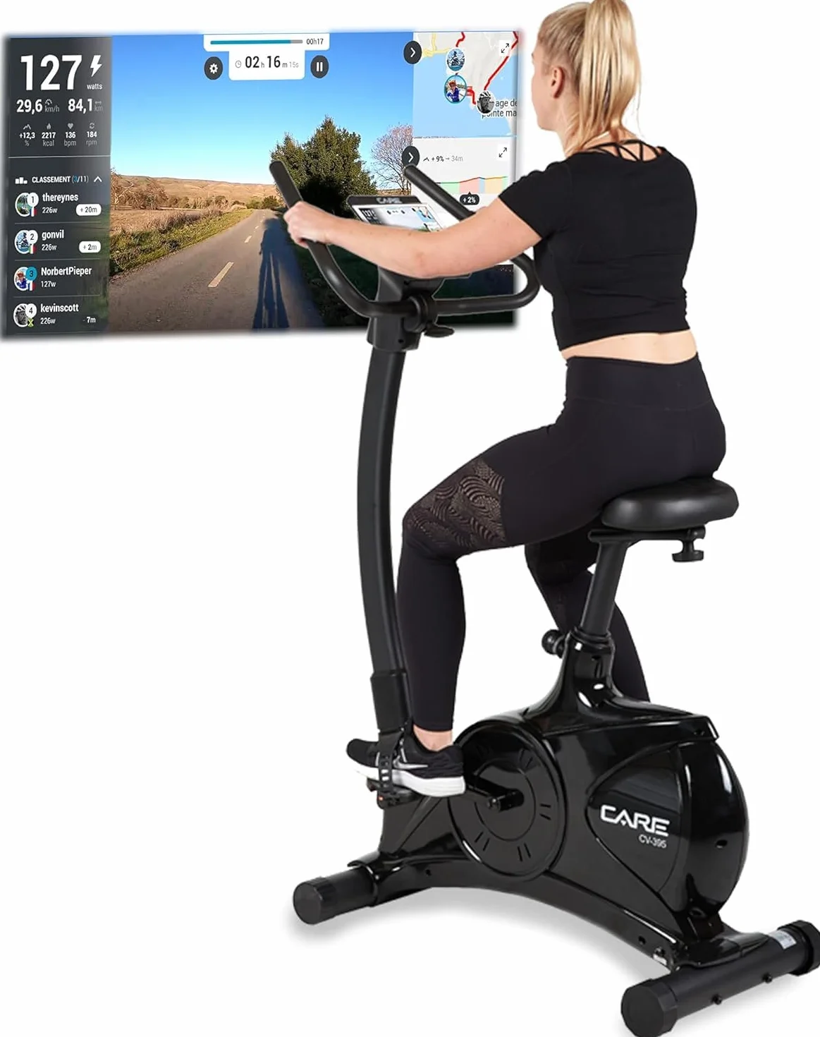 Care Fitness - Vélo d'Appartement Motorisé CV-395 - Vélo Droit 24 Programmes d'Entraînement - Masse d'Inertie 12kg - Résistances Magnétique Motorisée - Connectivité Application Mobile/Kinomap