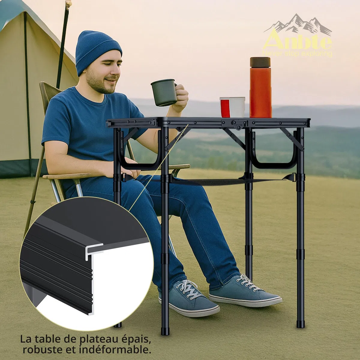 Anbte Table de Camping Pliante avec Filet de Rangement, Table de Pique-Nique Portable en Alliage d'Aluminium Hauteur Réglable en 3 hauteurs pour Intérieur/Extérieur, Cuisine