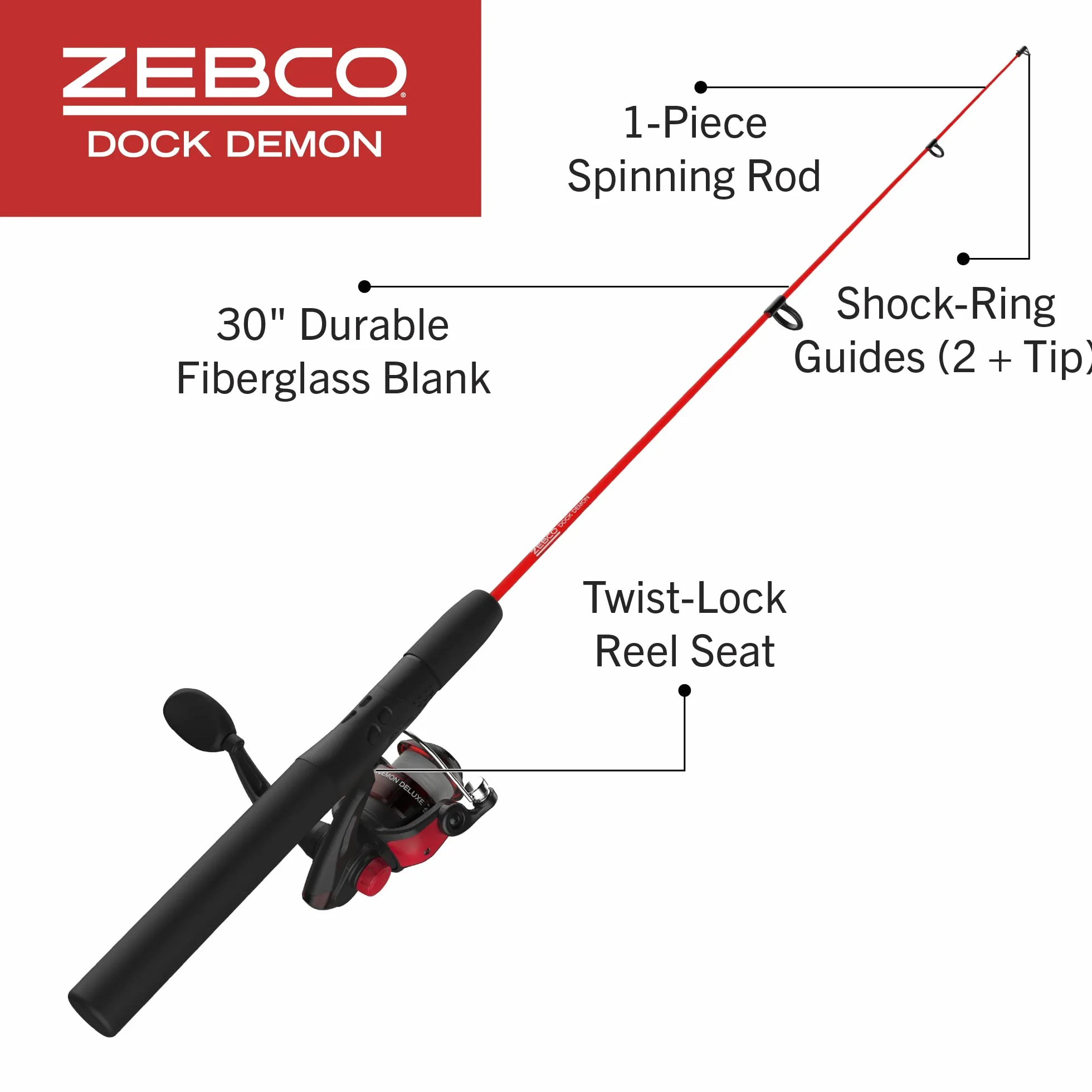 Zebco Dock Demon Moulinet à Lancer léger, Canne à pêche et Moulinet à Lancer léger, Canne en Fibre de Verre Durable de 76 cm, système Anti-Retour Quickset
