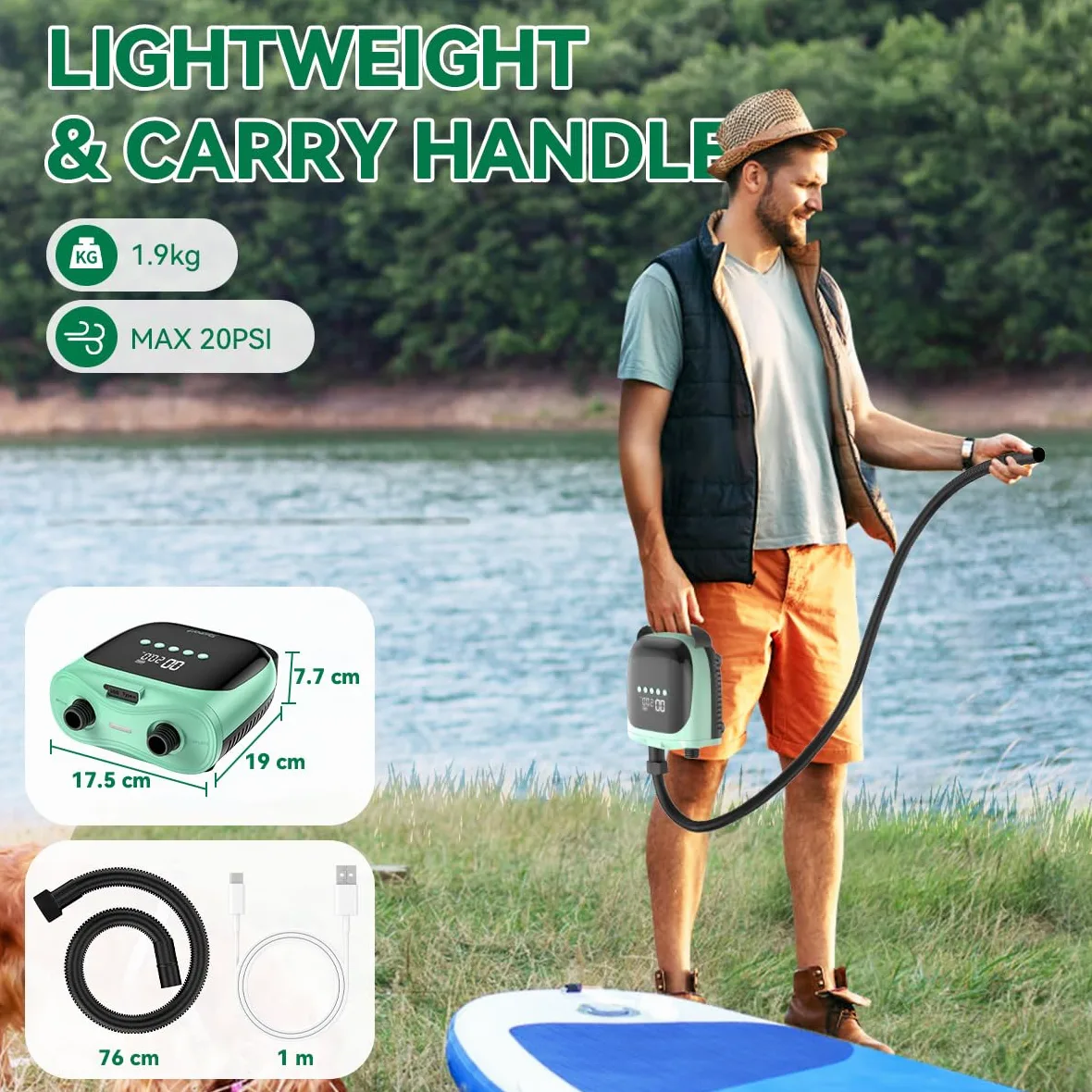 FBSPORT Gonfleur Electrique Paddle Rechargeable 4000mAh Batterie & 12V DC, 20PSI Pompe Paddle Electrique Auto-Arrêt, Inflation/Déflation Double Étape, pour Sup, Tente, Bateaux, Kayaks, Matelas