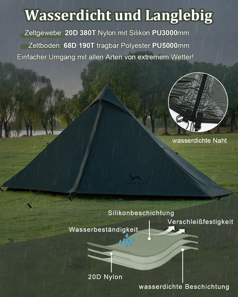 TOMOUNT Tente de trekking en nylon pour 1 personne - Tente sac à dos ultra légère et étanche en PU 3000 mm - Petite taille une fois repliée : 1,1 kg - Sac de bivouac pour camping, randonnée, randonnée