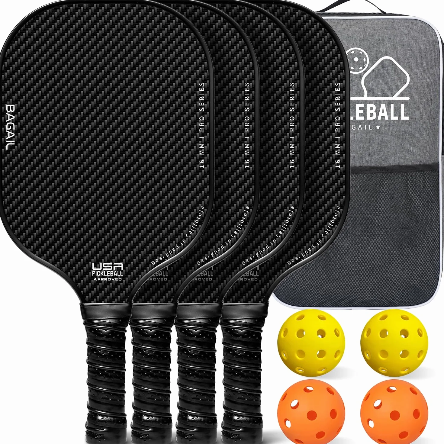 BAGAIL Ensemble de Raquettes de Pickleball, Raquettes de Pickleball avec 4 Balles, Légères - Absorption des Chocs élevée - Ergonomique, Adaptées aux Jeux de Pickleball en Intérieur et en Extérieur