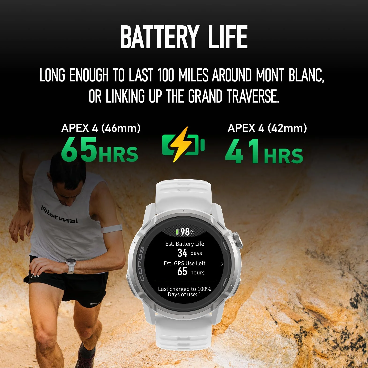COROS APEX 4 Montre GPS, écran Tactile MIP 1,3", Cartes mondiales + Navigation itinéraire, autonomie 41 Jours, Montre Sport, Micro, Haut-Parleur, 5 Modes d'escalade (Blanc, 46mm)